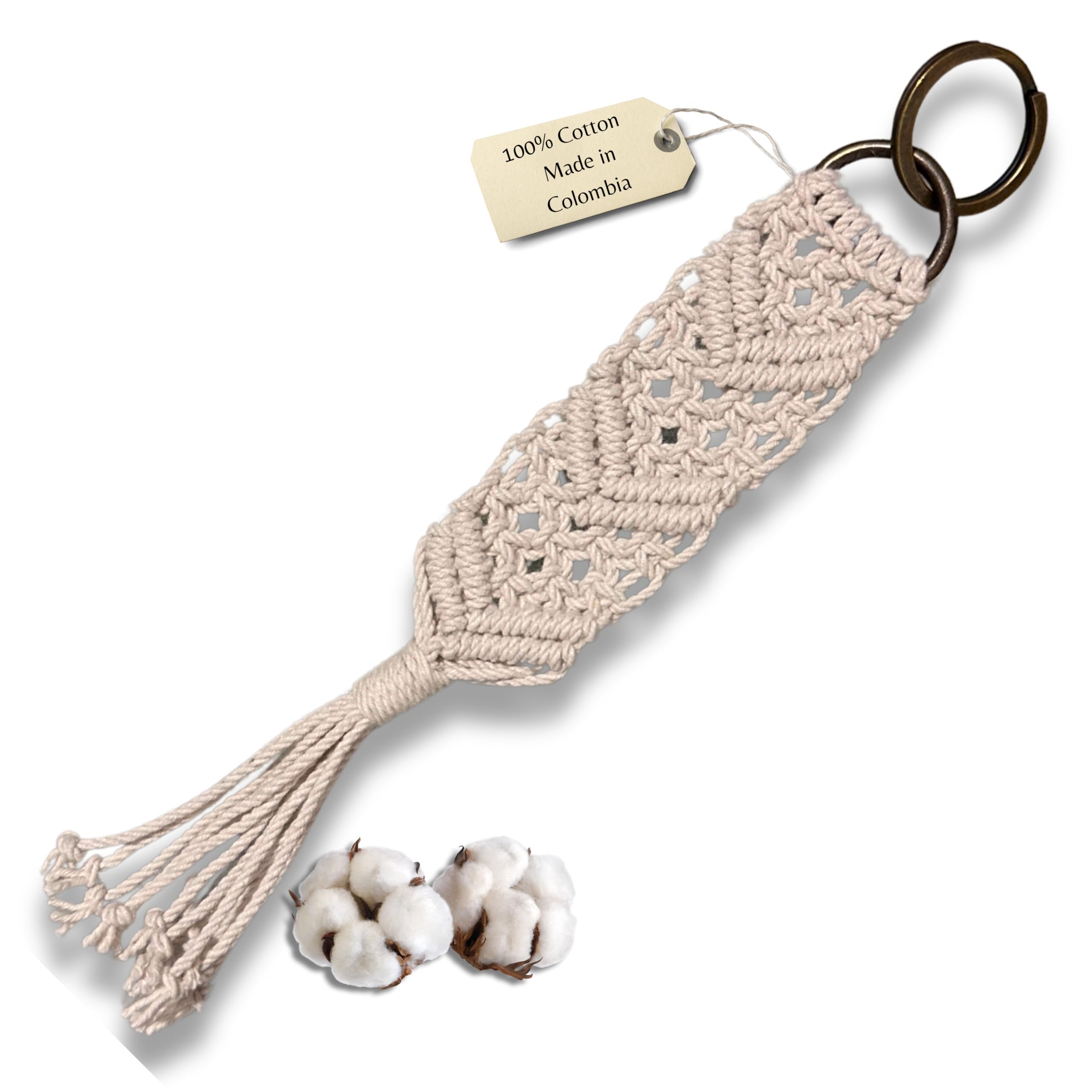 Macrame Keychain for Women - Handwoven Cotton Cord with Metal Ring & Tassel - 8 Inch Boho Style Key Holder - Perfect for Keys, Bags & Gifts - ATM Double V Design Keychain for Everyday Use