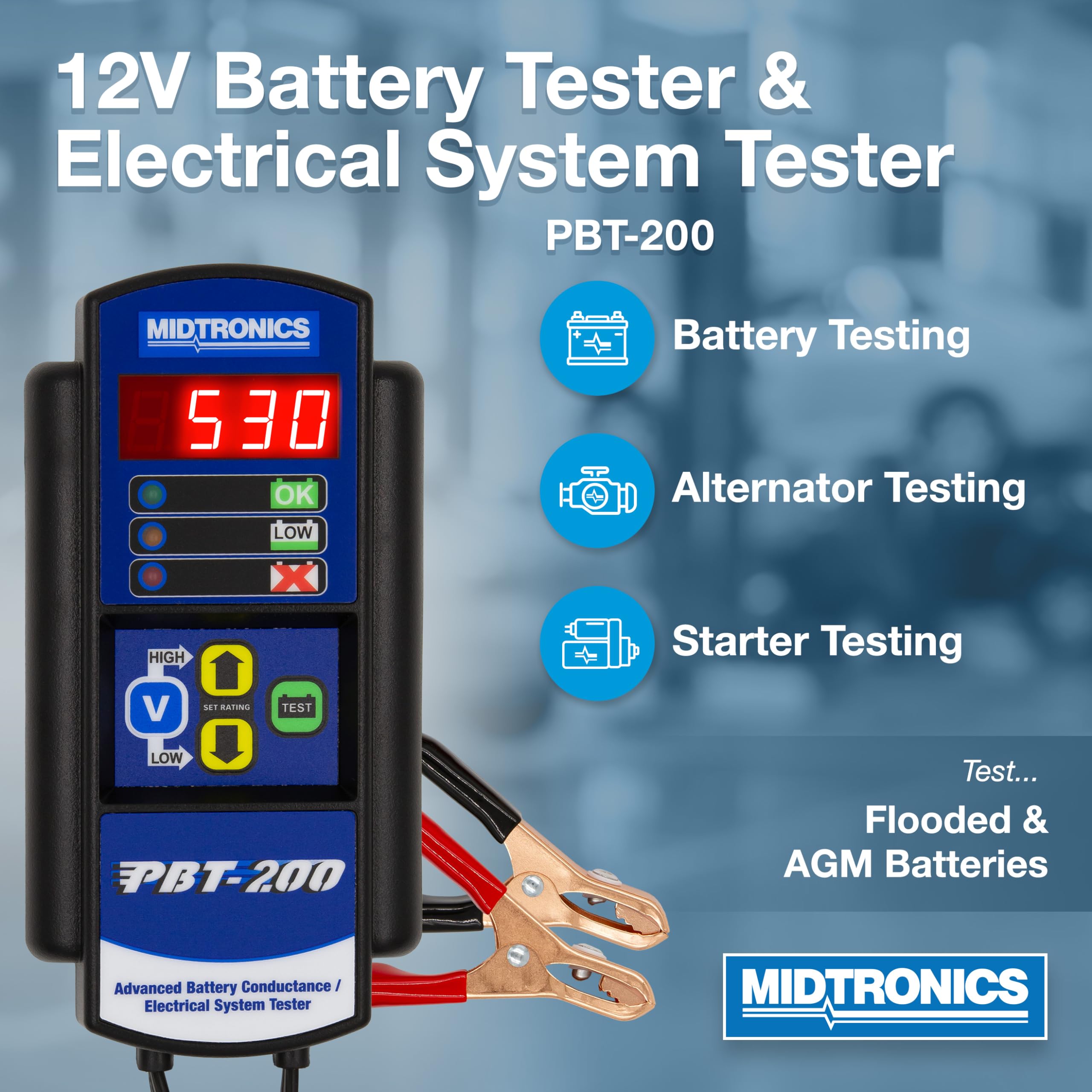 Midtronics PBT-200 12V Advanced Automotive Battery Diagnostic Tool - Electrical System Tester for 200-850 CCA Batteries - Conductance Testing & Service Diagnostics - Perfect for Mechanics & Auto Shops