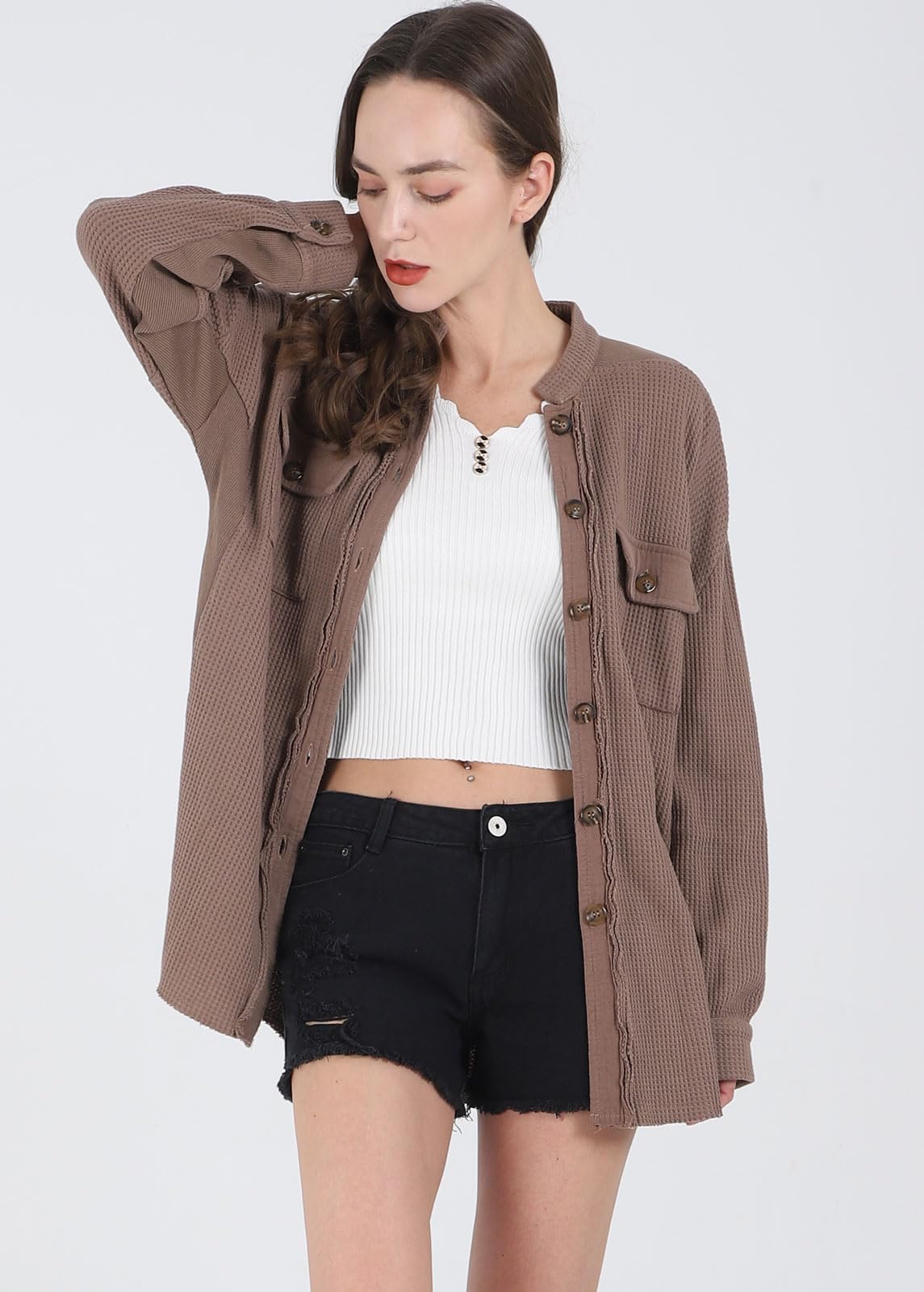 Loveimgs Oversized Waffle Knit Shirt for Women - Fall Corduroy Long Sleeve Button Down Shacket Jacket | Casual Layering, Autumn Outfits, Workwear & Weekend Style