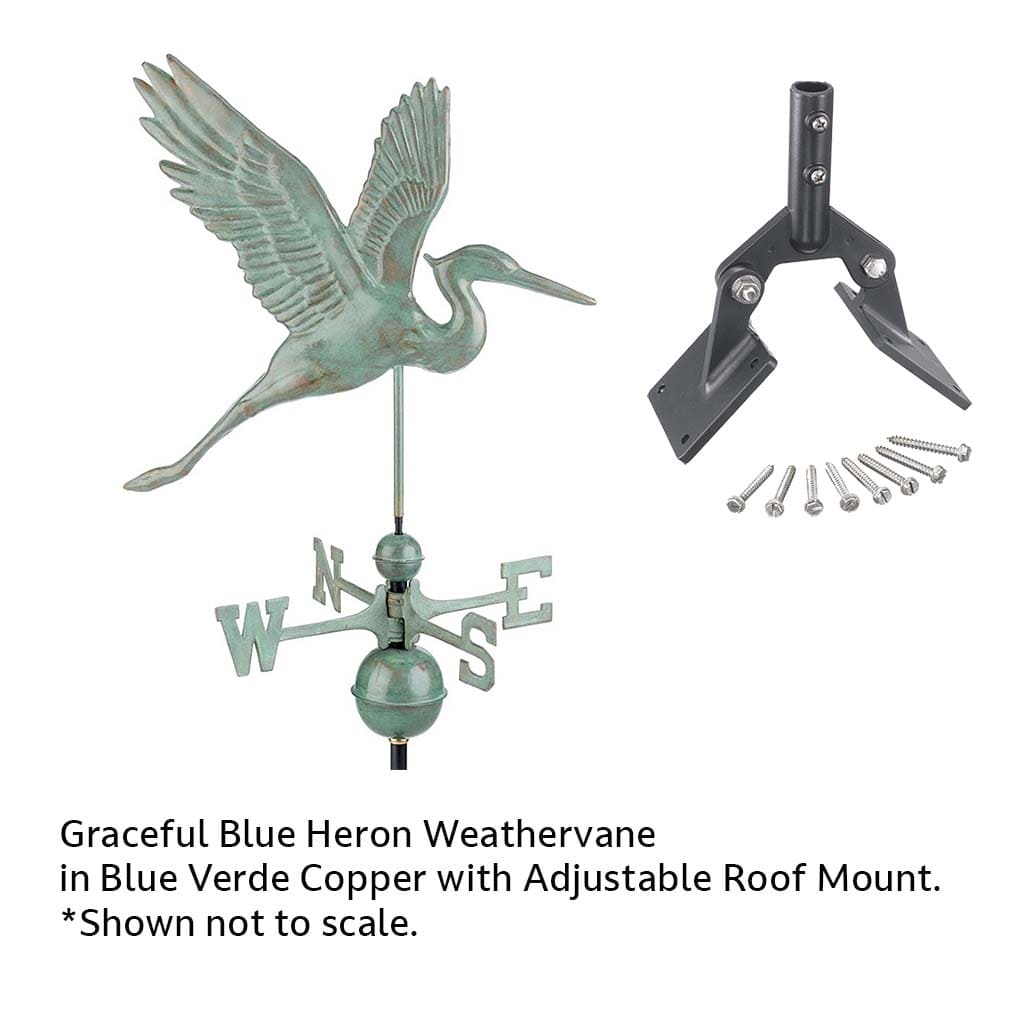 Graceful Blue Heron Weathervane - Handcrafted Blue Verde Copper Garden Decor for Outdoor Patio, Yard & Roof - Elegant Wind Direction Indicator for Coastal & Farmhouse Style Homes
