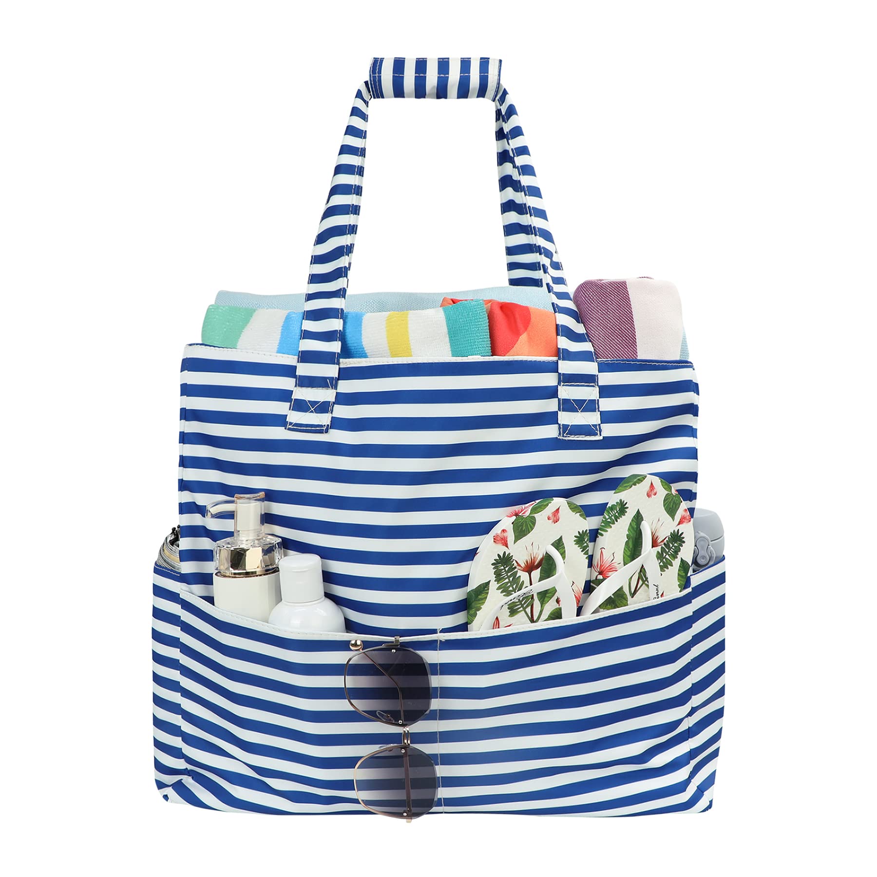 Waterproof Beach Bag for Women & Girls - Large Duffle Tote with Pockets - Cute Weekender Travel Bag - Essential for Beach Vacations, Family Trips & Kids - Blue Stripe Design - Perfect for Pool, Gym & Outdoor Adventures