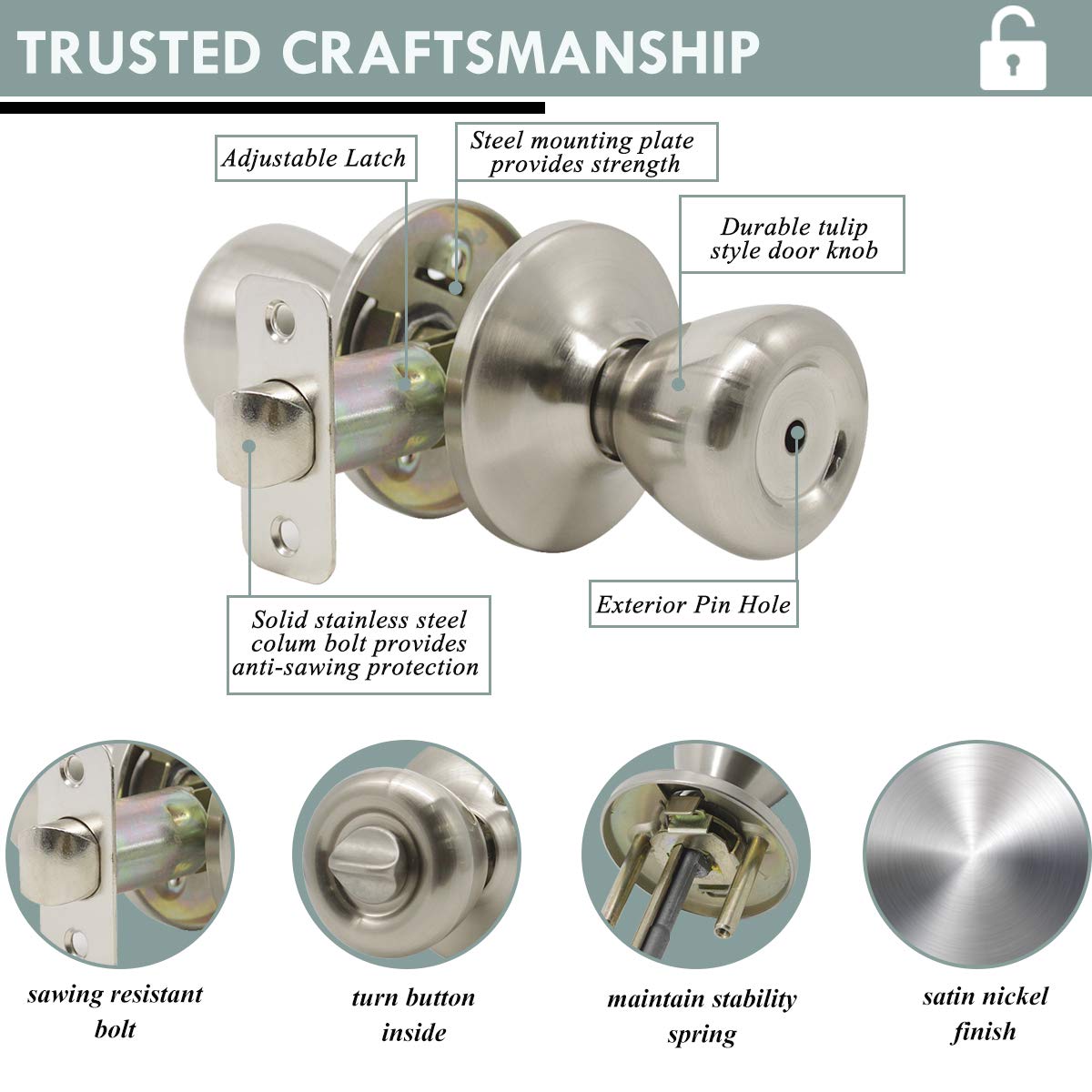 6 Pack Privacy Door Knob with Lock - Keyless Tulip Style in Satin Nickel for Bedroom & Bathroom