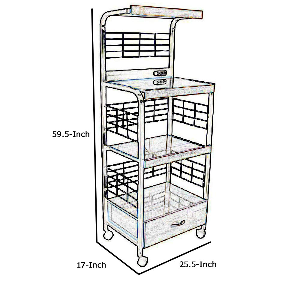 Benjara Wood and Metal Microwave Cart with Power Outlet - Brown & Black Kitchen Island for Small Spaces, Countertop Storage & Appliance Organization