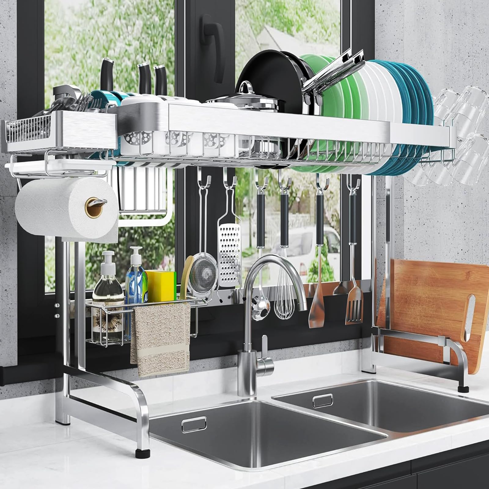 Adjustable 2-Tier Over The Sink Dish Drying Rack (25.6-37.6in) - Stainless Steel Space Saving Kitchen Organizer for Dishes, Utensils & Cutting Boards | Perfect for Small Kitchens, Apartments & RV Living