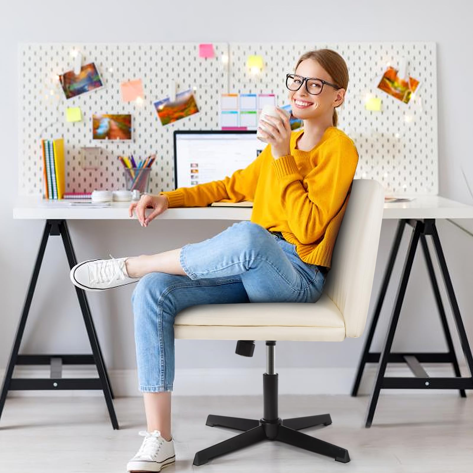 LEMBERI PU Leather Padded Armless Swivel Office Chair - No Wheels, Mid Back Ergonomic Desk Chair with 120° Rocking Function for Home Office, Makeup Vanity & Small Spaces (Beige) - Perfect for Compact Workstations & Beauty Stations