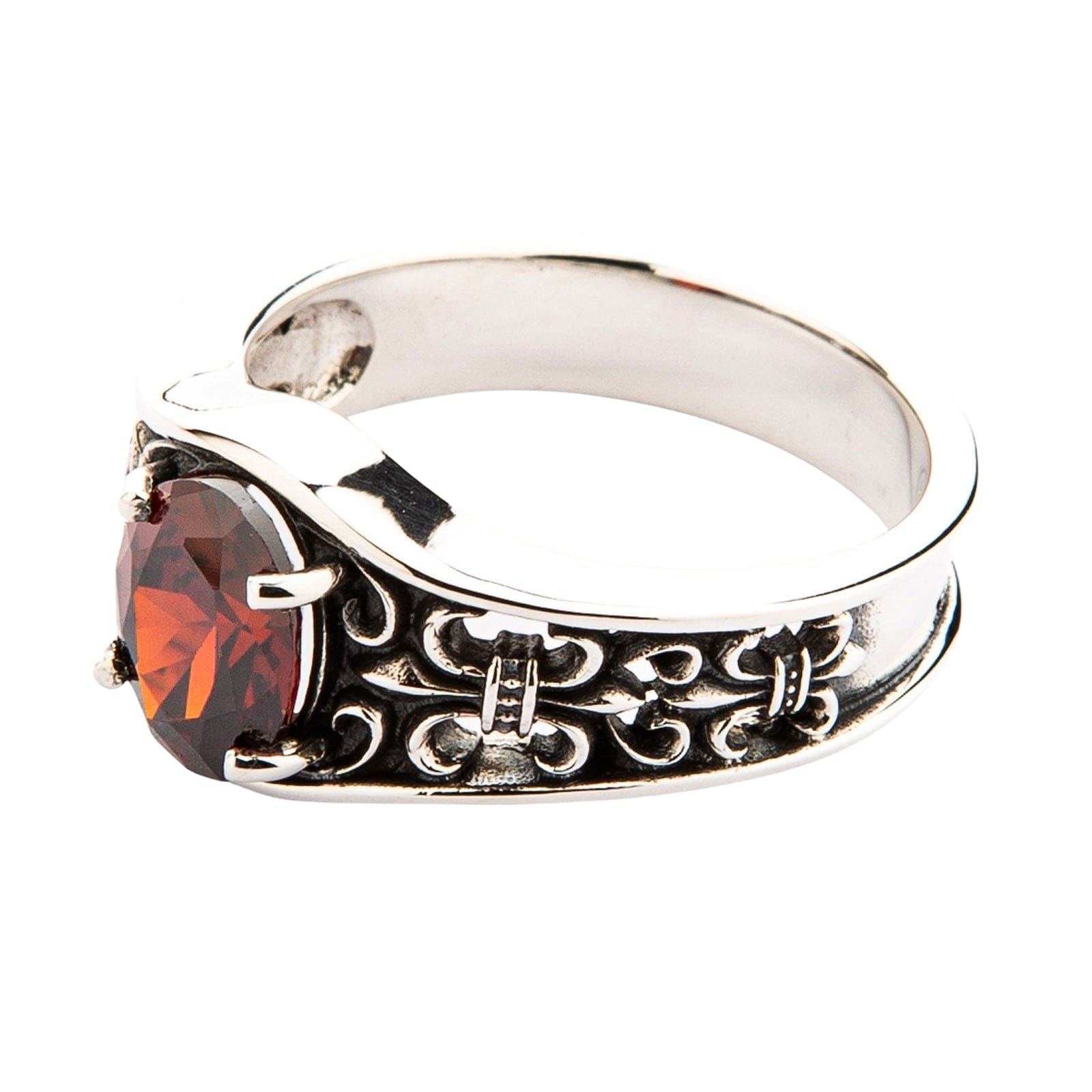 Garnet Fleur De Lis Sterling Silver Gothic Band Ring for Women – Elegant Vintage Jewelry for Weddings, Parties & Everyday Wear