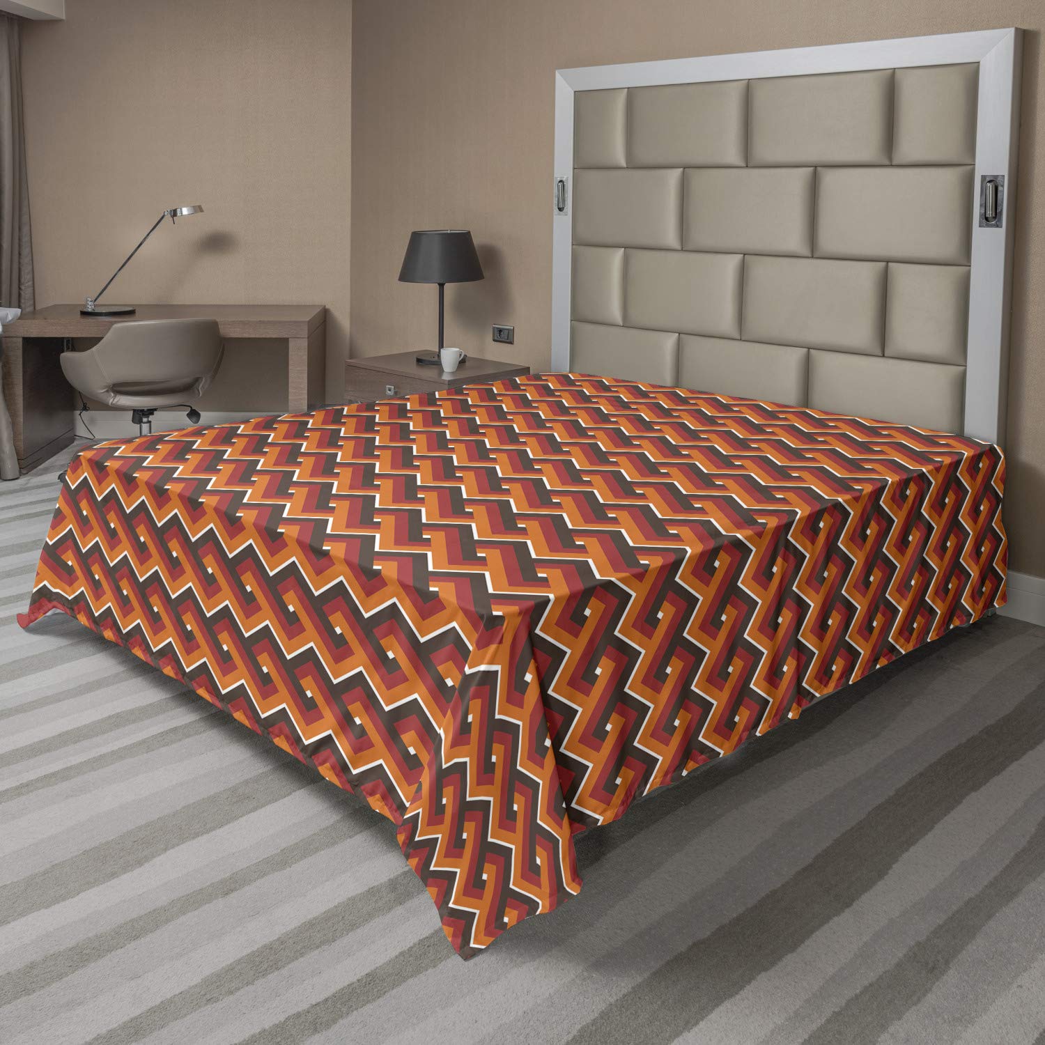 Ambesonne Retro Queen Size Flat Sheet - Soft & Comfortable Abstract Geometric Print with Orange Backdrop | Wavy Zig Zag Pattern Decorative Bedding | Perfect for Guest Rooms, Dorms & Modern Home Decor