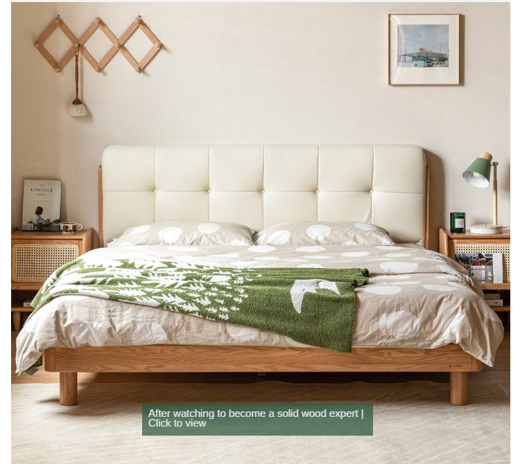 Solid Oak Wood Nordic Soft Back Bed - Modern Minimalist Design for Bedroom & Guest Room