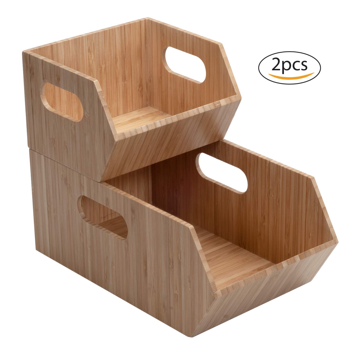 Bamboo Storage Bins 2-Pack - Stackable Bathroom Organizer for Towels, Toilet Paper & Hair Accessories - Cabinet & Vanity Storage Solution