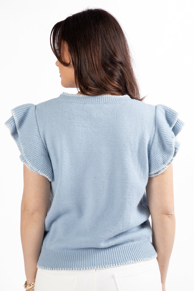 Light Blue Flutter Sleeve Embroidered Sweater for Women - Boho Chic Knit Top with Stitched Details | Perfect for Casual Outings, Date Nights & Fall Layering