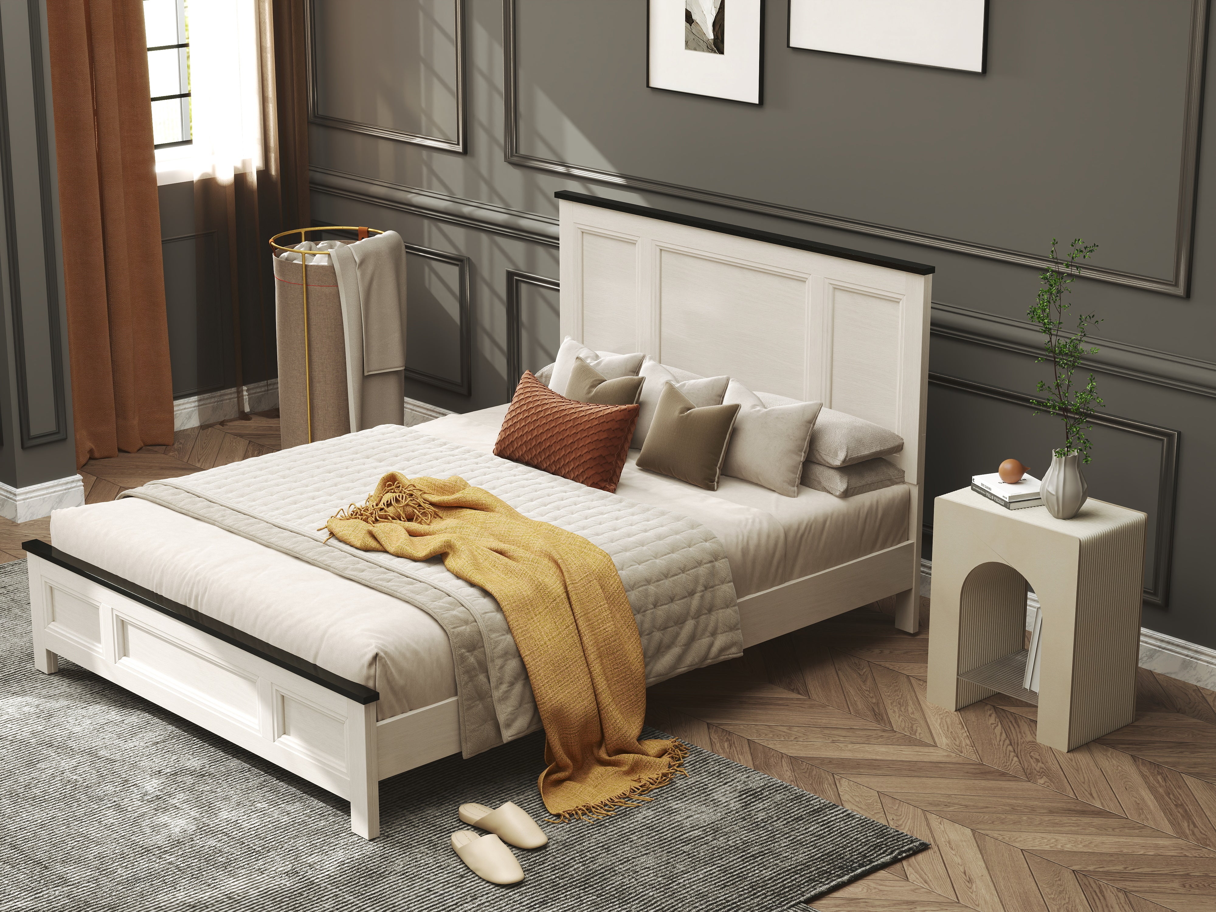 Roundhill Furniture Realynn Panel Bed - Queen Size Off White Finish for Modern Bedroom Decor | Stylish and Durable Bed Frame for Home & Guest Room