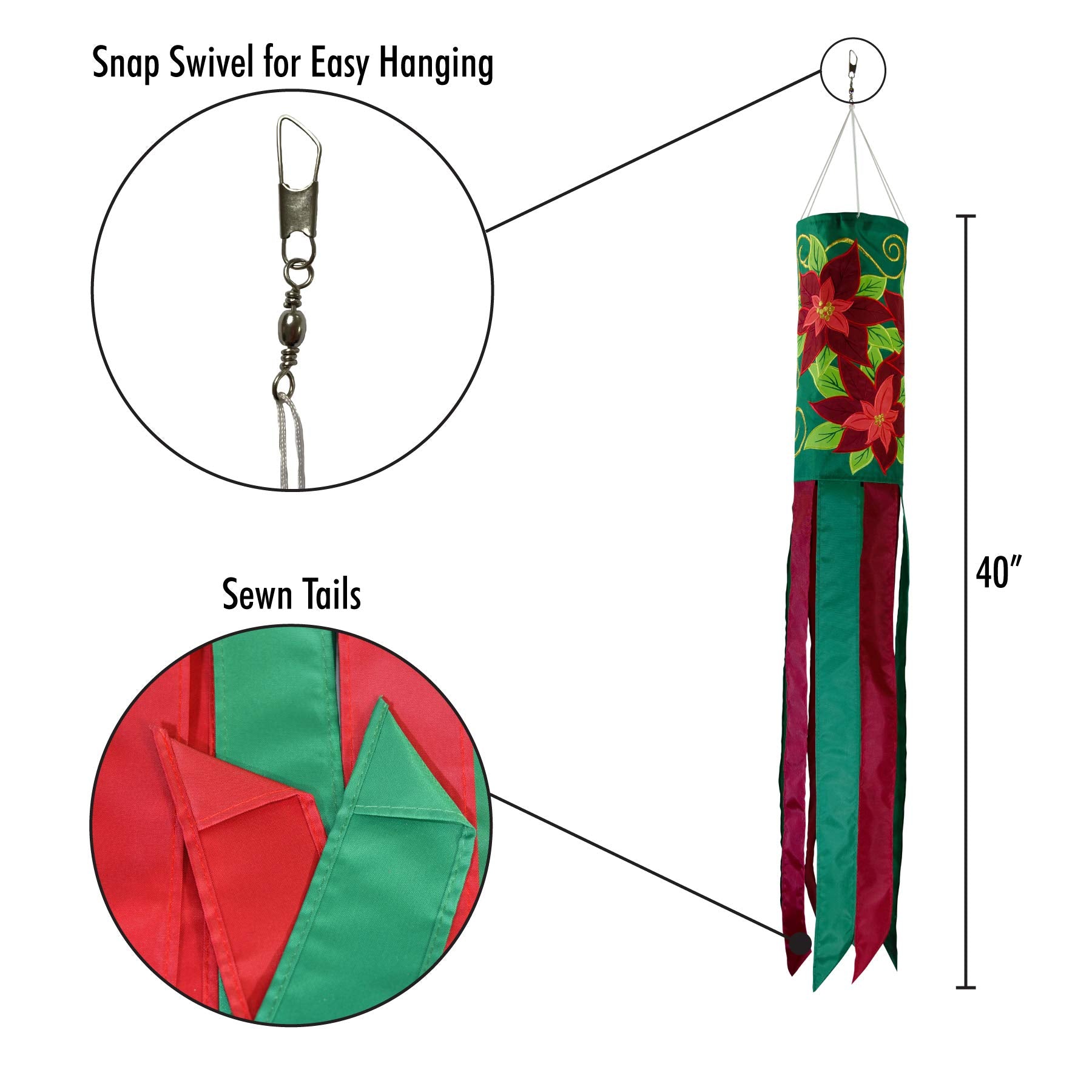 Poinsettia Holiday Windsock - Christmas Outdoor Decor for Porch, Garden & Yard - Festive Wind Sock for Seasonal Celebrations