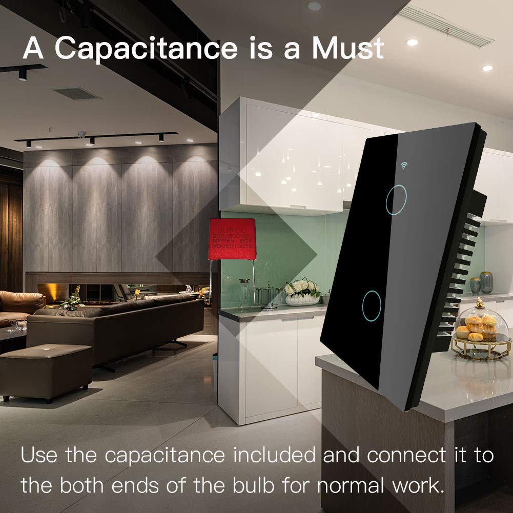 MOES Smart Light Switch - No Neutral Wire Required, 2.4GHz WiFi & RF433, Compatible with Alexa, Google Home, Smart Life/Tuya App - Single Pole Black 2 Gang with Capacitor - Perfect for Home Automation and Smart Lighting Control