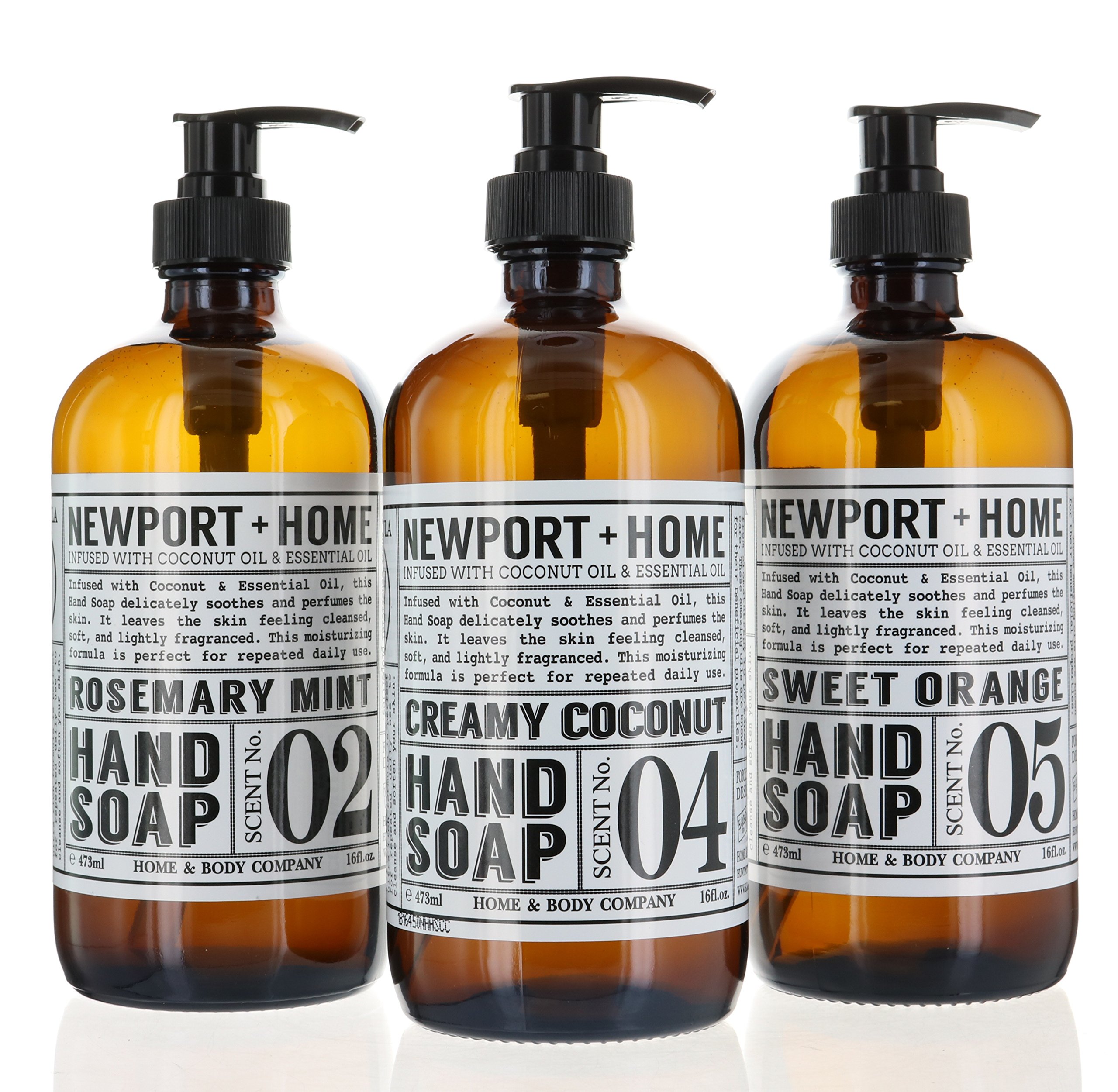 Newport Home Hand Soap Set of 3 (16oz/473ml Each) - Coconut Essential Oil, Rosemary Mint & Sweet Orange Scented - Moisturizing Liquid Soap for Kitchen, Bathroom & Guest Washroom
