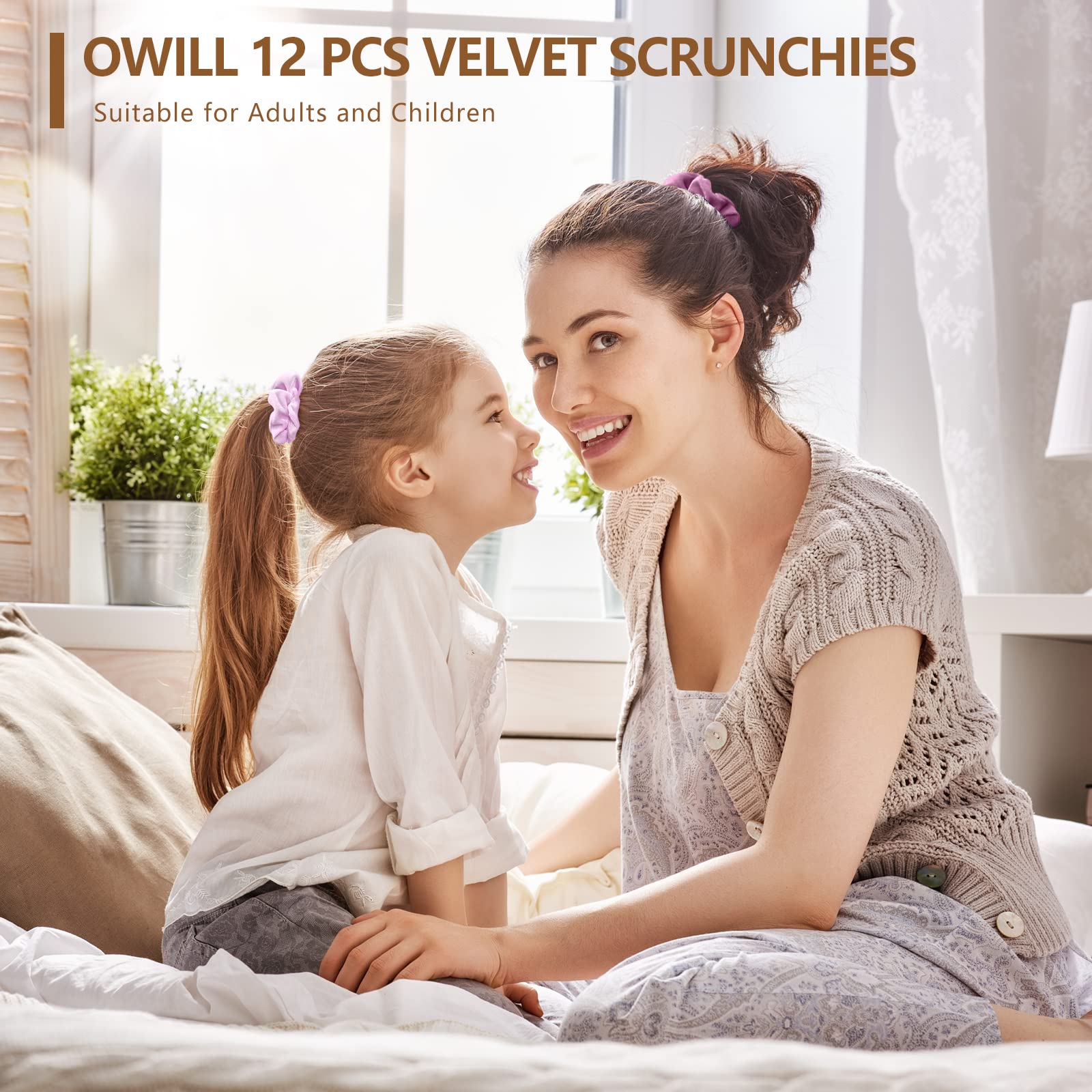 Owill 12 Pcs Velvet Scrunchies for Women & Girls - Soft Thick Hair Bands, Ponytail Holders & Hair Ties (Black) - Perfect for School, Work, Gym & Everyday Styling