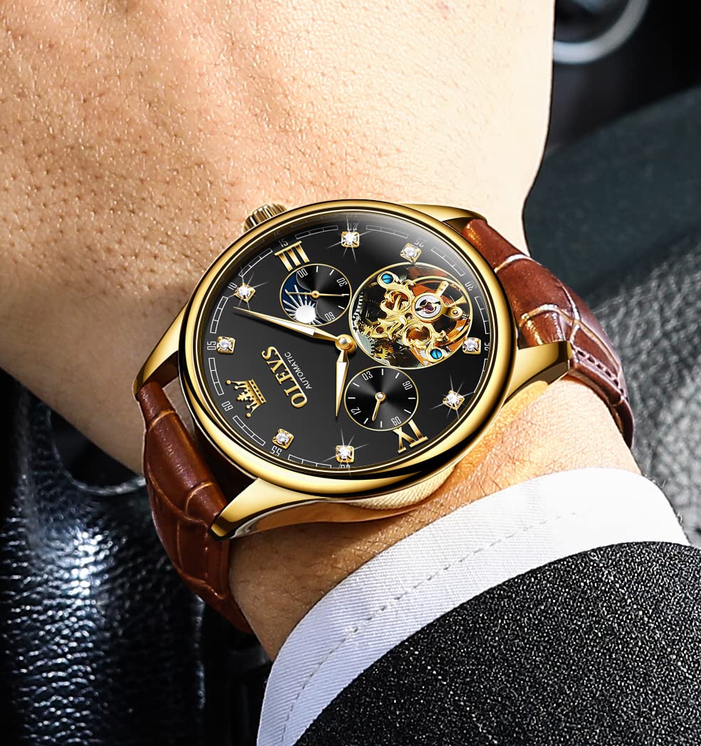 OLEVS Men's Luxury Automatic Mechanical Skeleton Watch with Tourbillon & Diamond - Self-Winding Dress Wristwatch, Moon Phase, Waterproof & Luminous - Perfect for Business, Formal Events & Gift Giving
