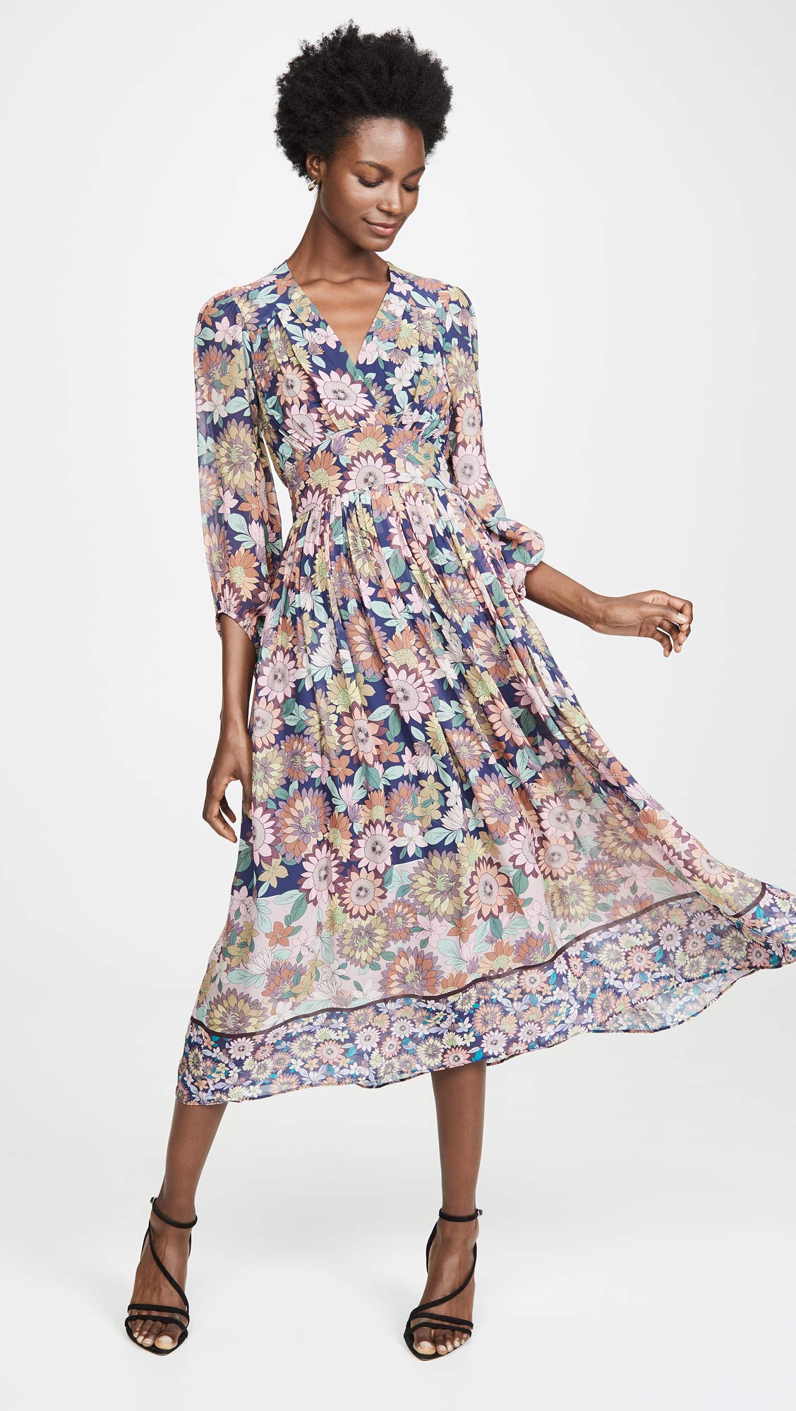 Shoshanna Women's Aya Dress - Floral Print Midi Dress with V-Neck & Ruffle Sleeves | Perfect for Summer Weddings, Garden Parties & Date Nights