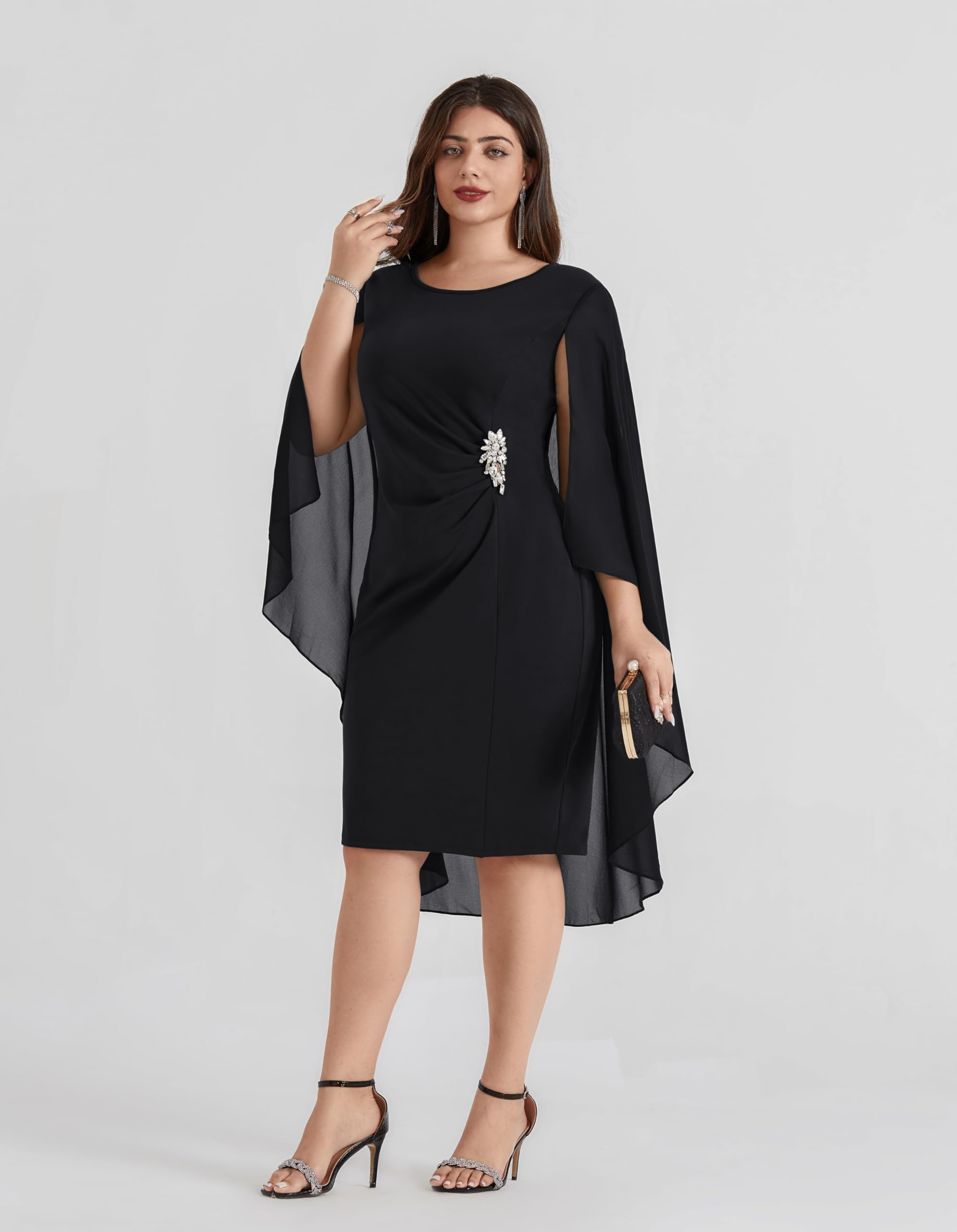 Hanna Nikole Women's Plus Size Chiffon Cape Dress - Crew Neck Ruched Bodycon Cocktail Pencil Dress for Wedding Guest, Party & Special Occasions