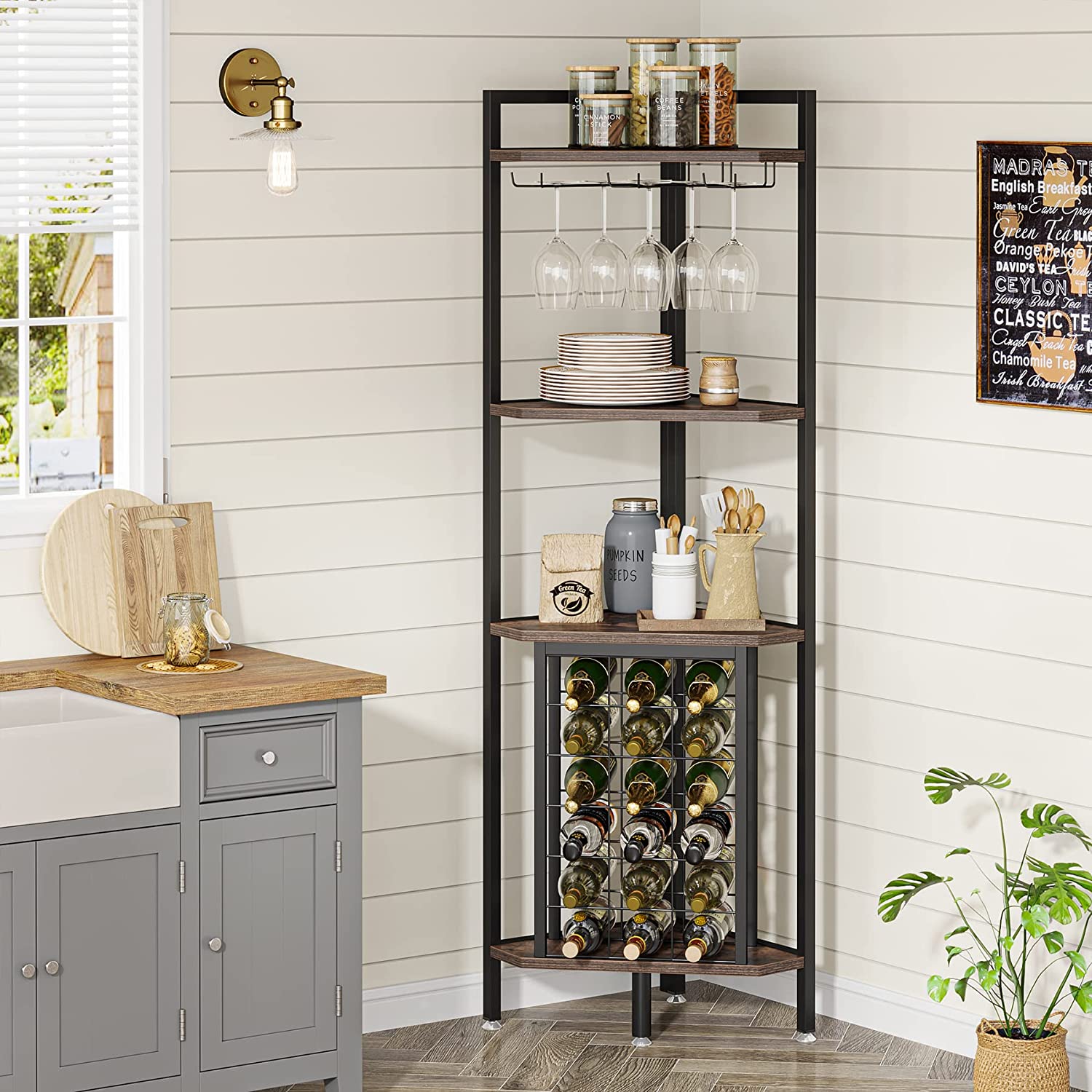 4 Tier Corner Wine Rack with Glass Holder & Storage Shelves - Space Saving Wine Storage for Kitchen, Bar, Dining Room & Home Decor