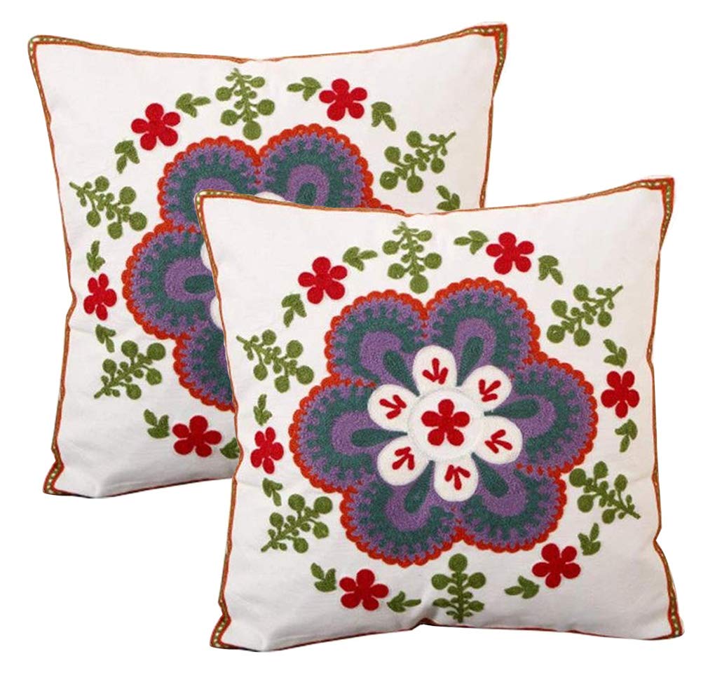 Handmade Bohemian Flower Embroidered Cushion Cover Set of 2 - 18x18 Inch (45x45cm) Blue Floral Pillow Covers for Sofa, Bed, Car & Home Decor - Perfect Housewarming Gift & Boho Chic Decoration