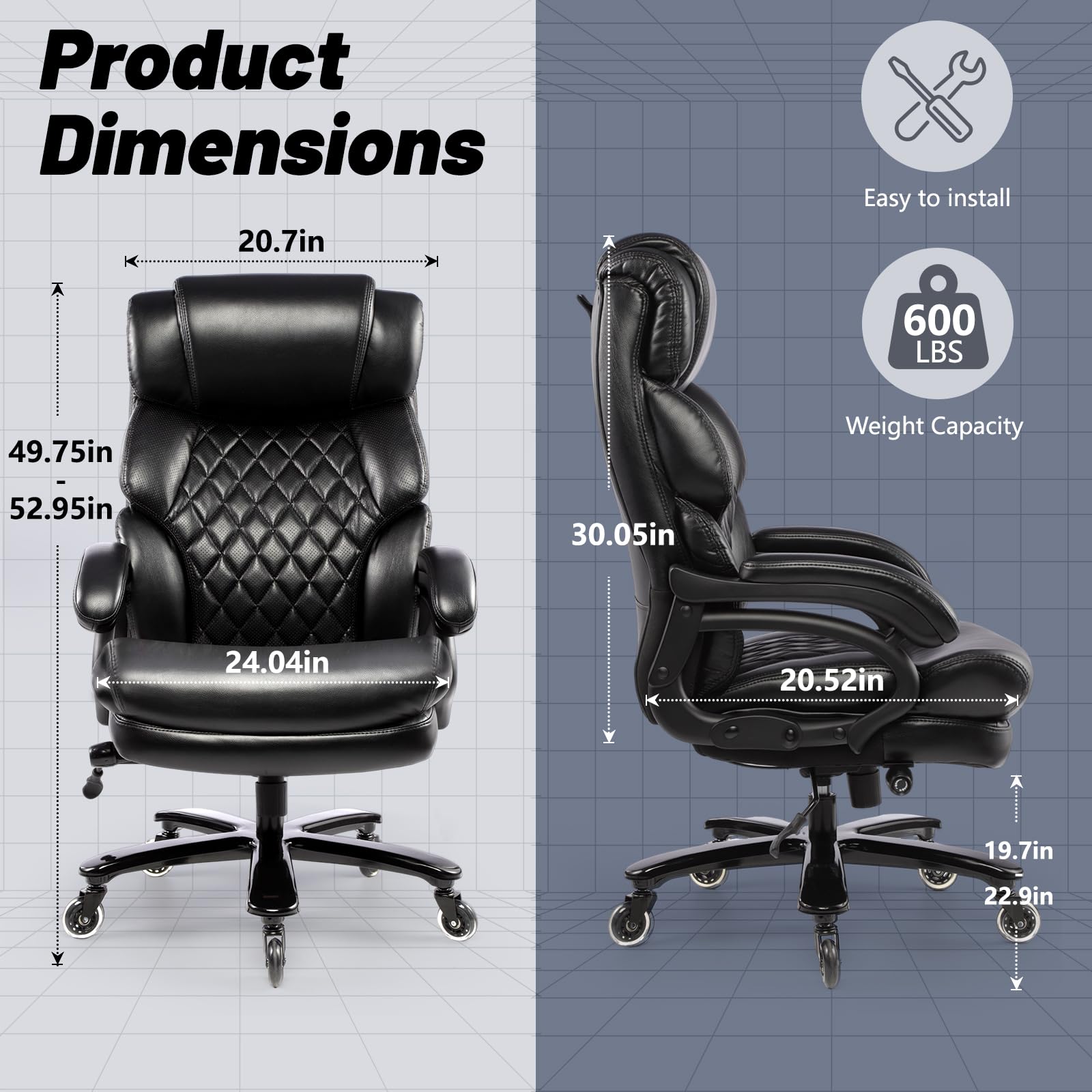 600LBS Heavy Duty Big and Tall Office Chair for Large People - High Back Executive Chair with Extra Wide Seat, Adjustable Lumbar Support & Ergonomic Design - Perfect Computer Desk Chair for Home Office, Gaming or Workspace