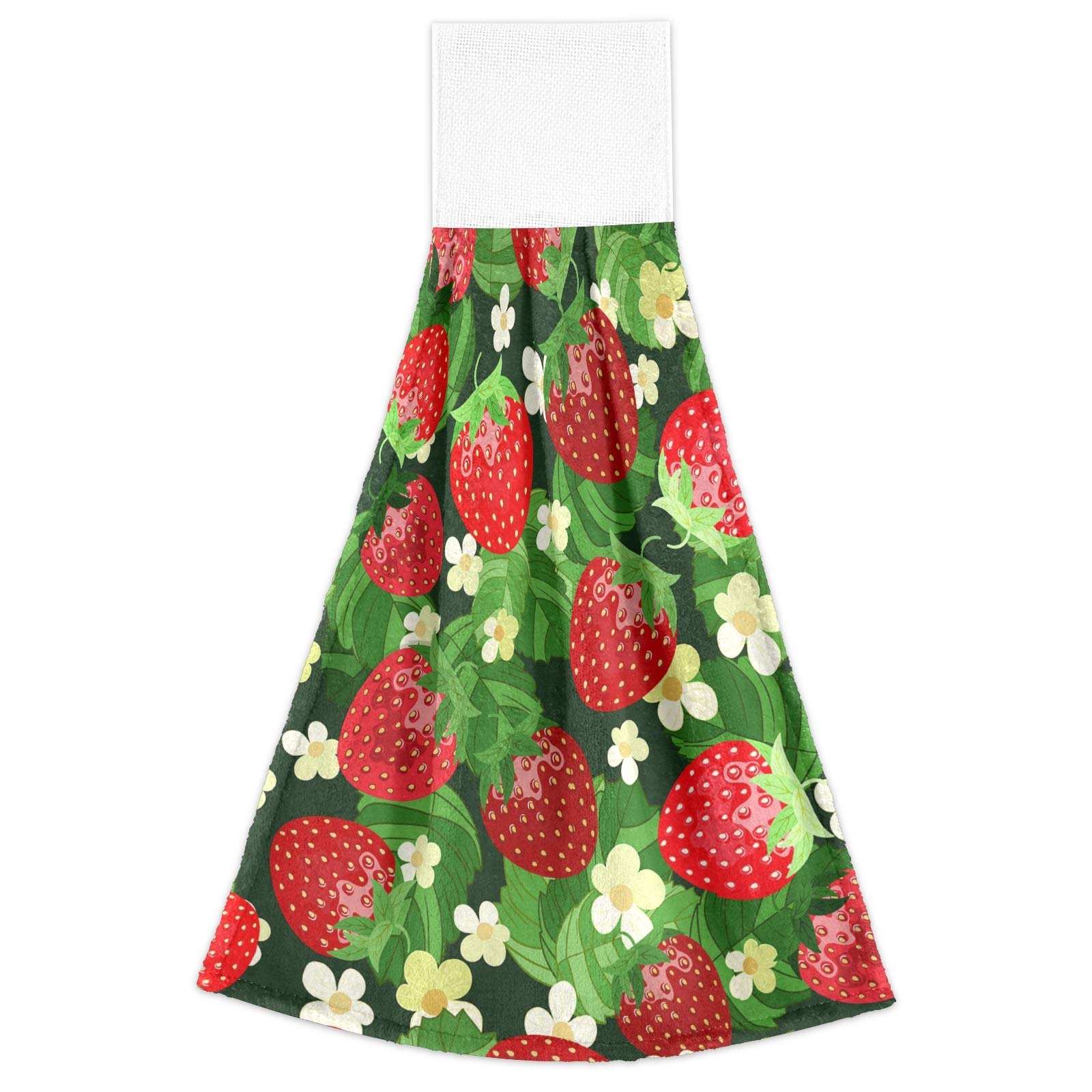 Red Strawberry White Flowers Green Leaves 2-Piece Hanging Kitchen Hand Towel Set with Hook & Loop - Absorbent Washcloths & Dishcloths for Tea Bar, Bath, and Decorative Kitchen Use