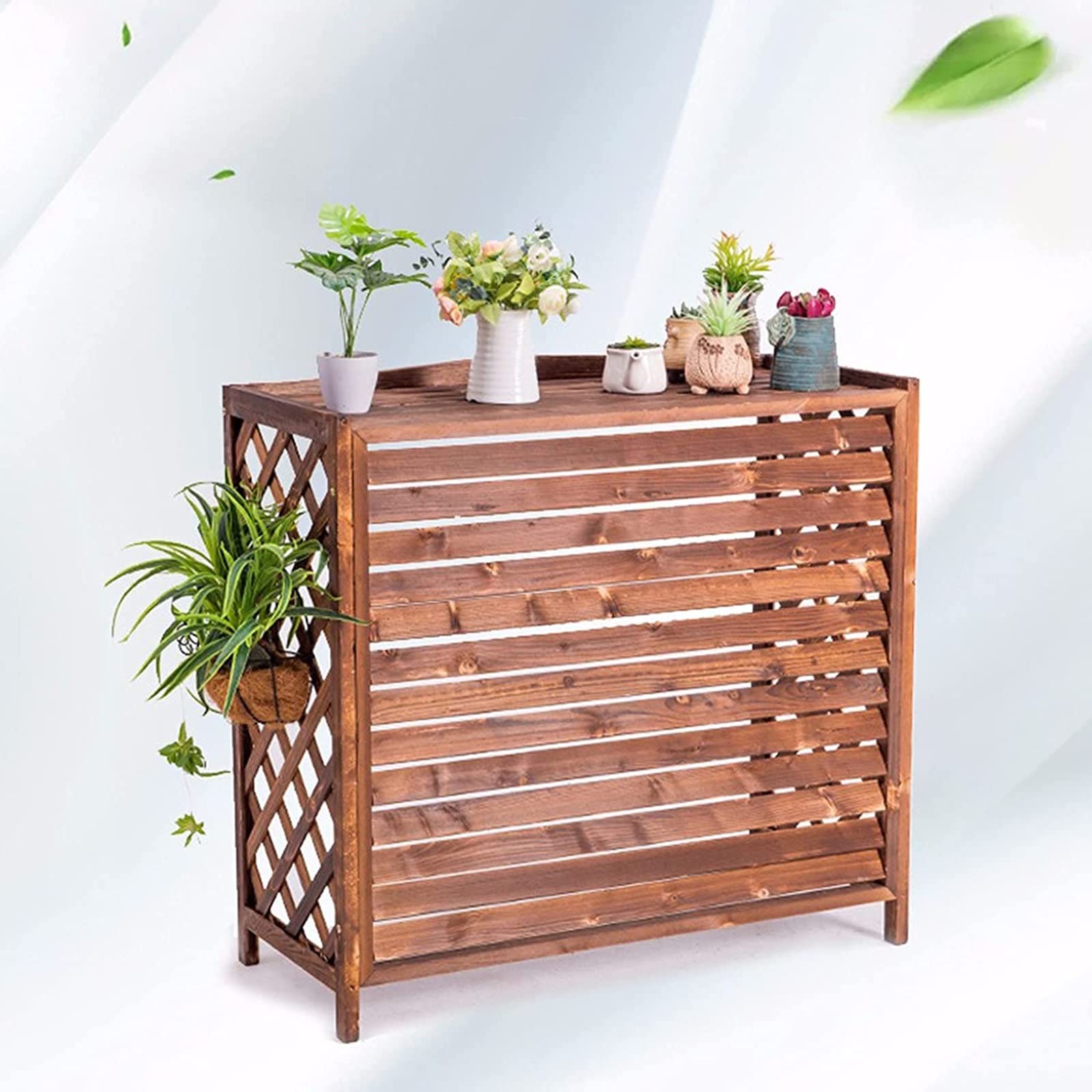 LSMKK 3-Panel Brown Wooden Air Conditioner Fence Cover - Outdoor AC Unit Enclosure with Blinds Design, Refrigerator Cover & Plant Stand Privacy Screen - Perfect for Patio, Yard & Home Exterior Protection