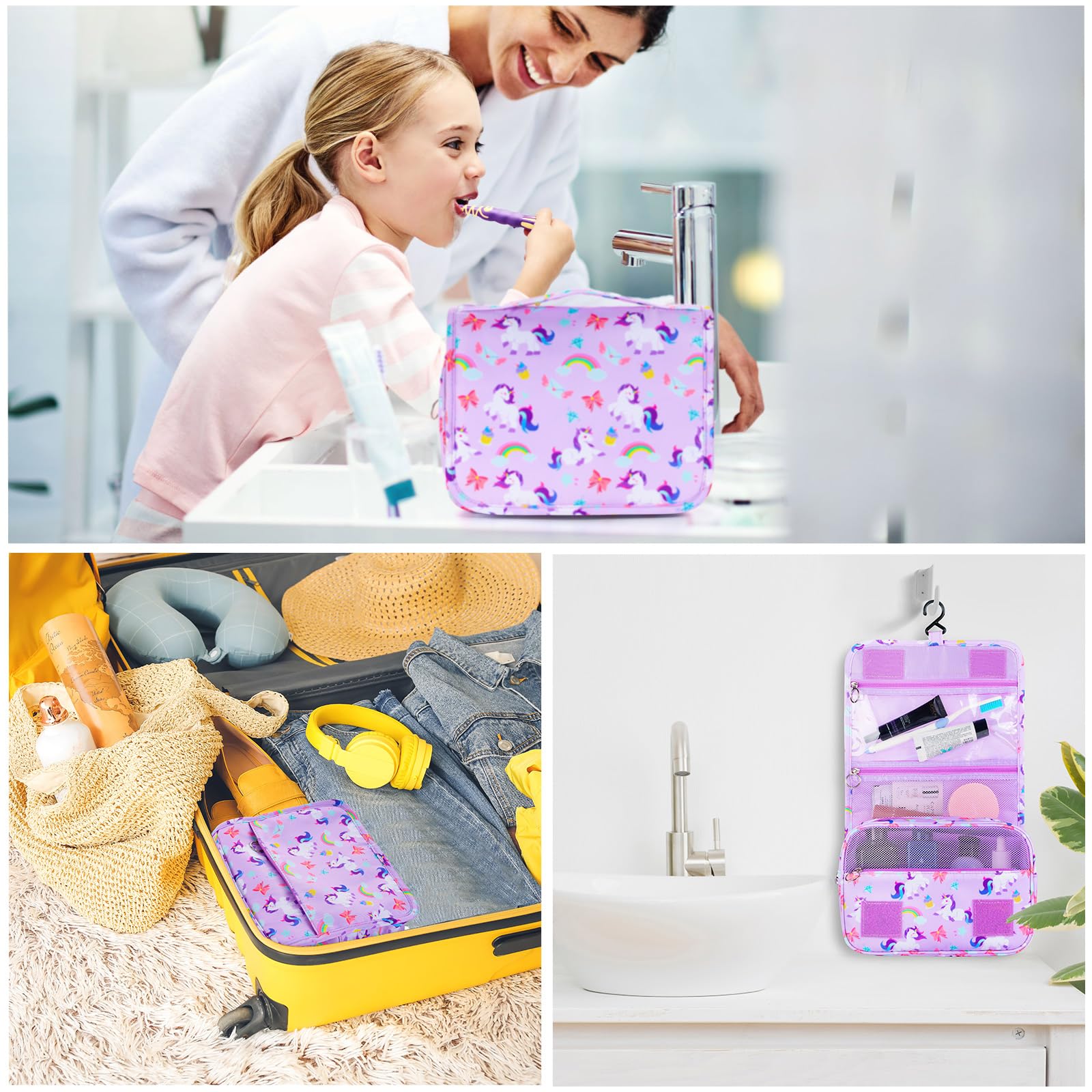 Unicorn Purple Waterproof Kids Hanging Toiletry Bag for Girls - Travel Cosmetic & Makeup Organizer - Perfect for Toddler Travel, Camping & Sleepovers