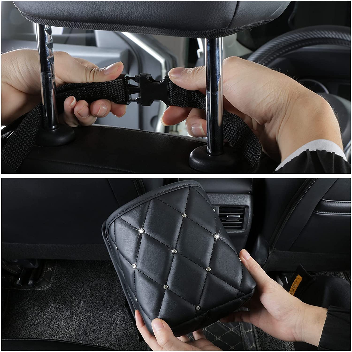 3-Pack Rhinestone Bling Car Handbag Holder & Backseat Organizer - PU Leather Storage Net Pocket Between Seats, Auto Seat Storage Bag with Trash Can - Perfect for Road Trips, Shopping & Daily Commute (Black)