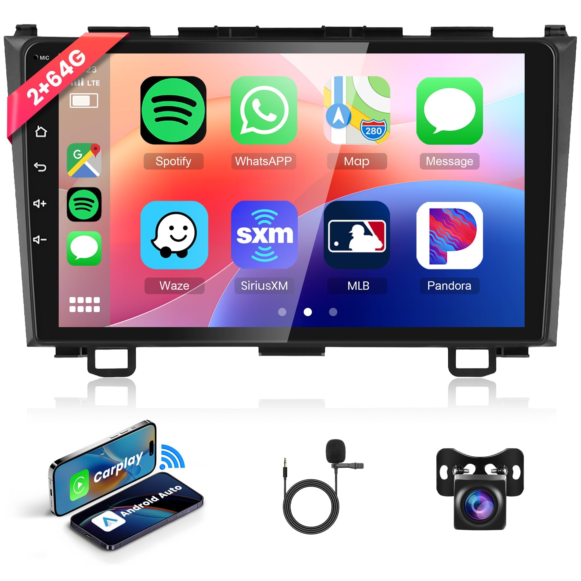 Rimoody 9 Inch Android Car Stereo for Honda CRV 2007-2011 - 2GB RAM 64GB ROM, Wireless CarPlay & Android Auto, Touch Screen GPS Navigation, Bluetooth FM WiFi HiFi, SWC Backup Camera & Mic - Perfect for Road Trips & Daily Commutes