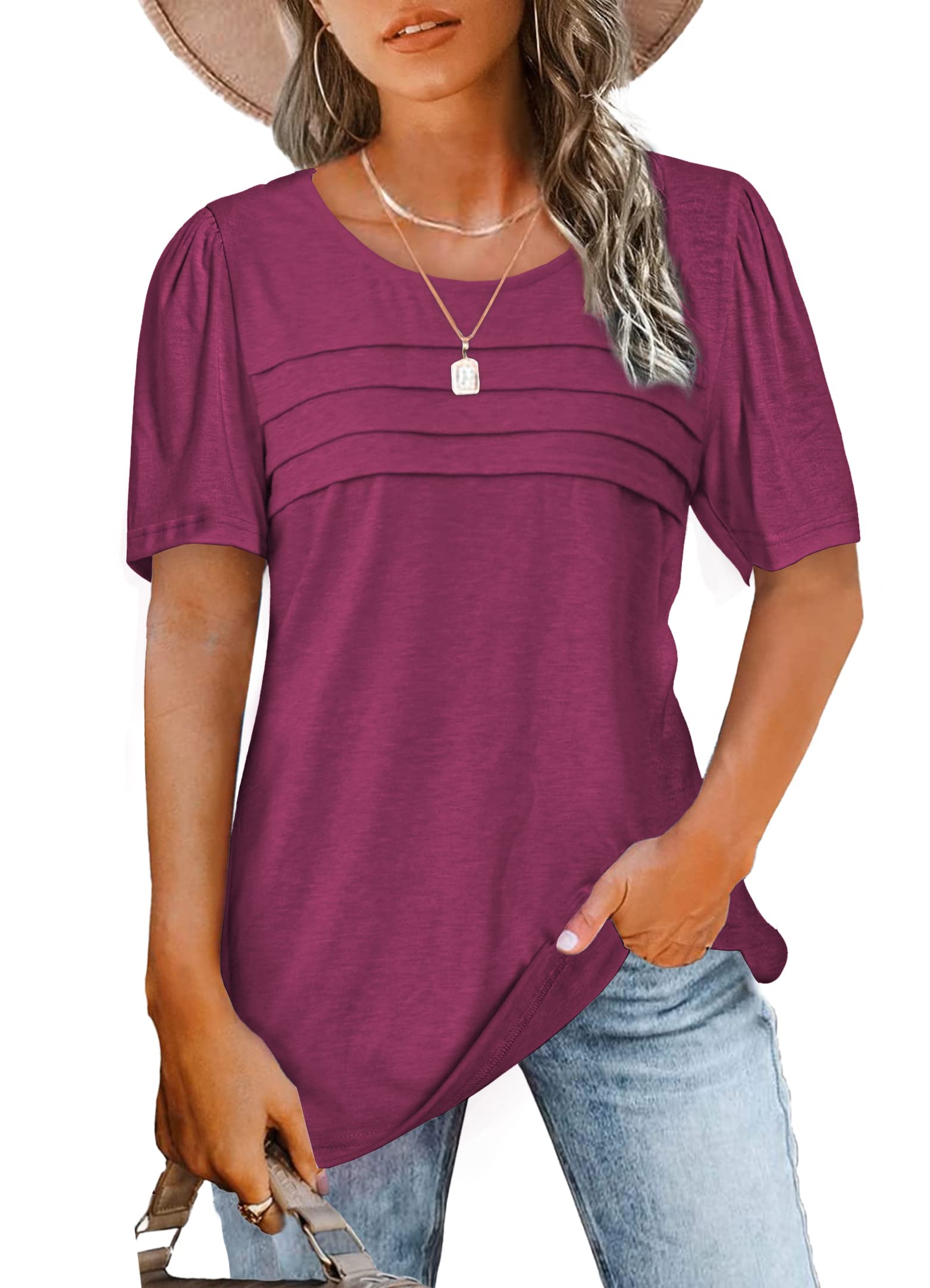 JomeDesign Women's Summer Tops - Short Sleeve Crew Neck Casual T-Shirts with Puff Sleeves | Perfect for Beach, Vacation & Everyday Wear