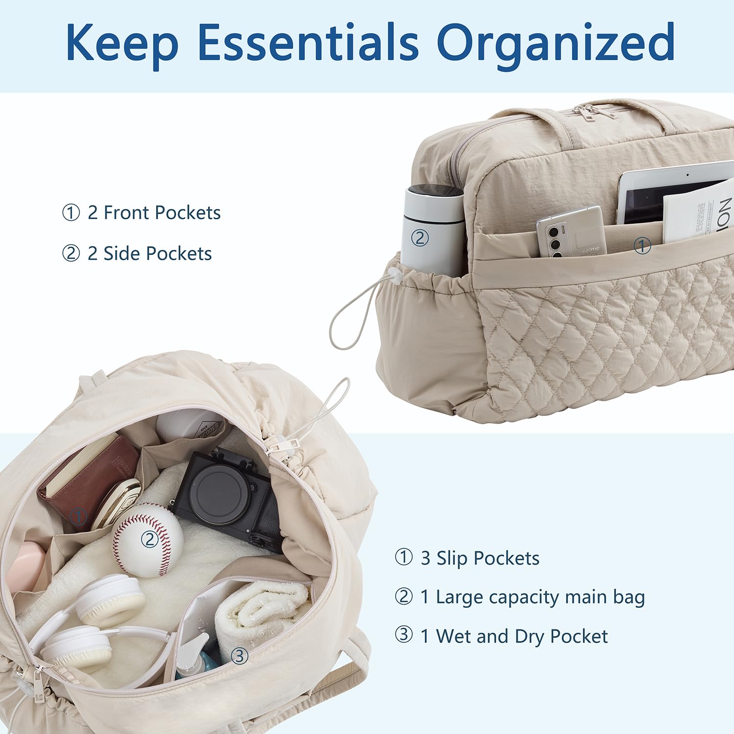 Waterproof Women's Duffle Bag - TSA Approved Carry On Gym Bag with Wet Pocket, Lightweight Travel Weekender Overnight Bag for Workout, Yoga, Hospital Visit - 16.5x7.5x11 Inch Personal Item Luggage (Camel) | Perfect for Gym, Travel, Sports & Business Trips