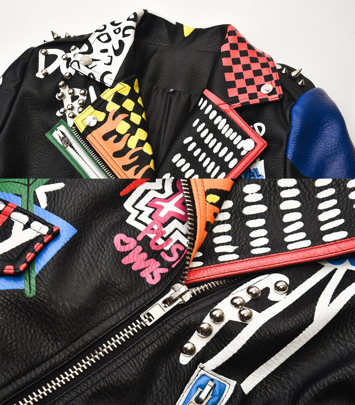 LRX Women's Faux Leather Jacket - Punk Style Cartoon Print Moto Coat with Studded Badge & Graffiti Design | Perfect for Biker, Concert, Halloween & Streetwear Fashion
