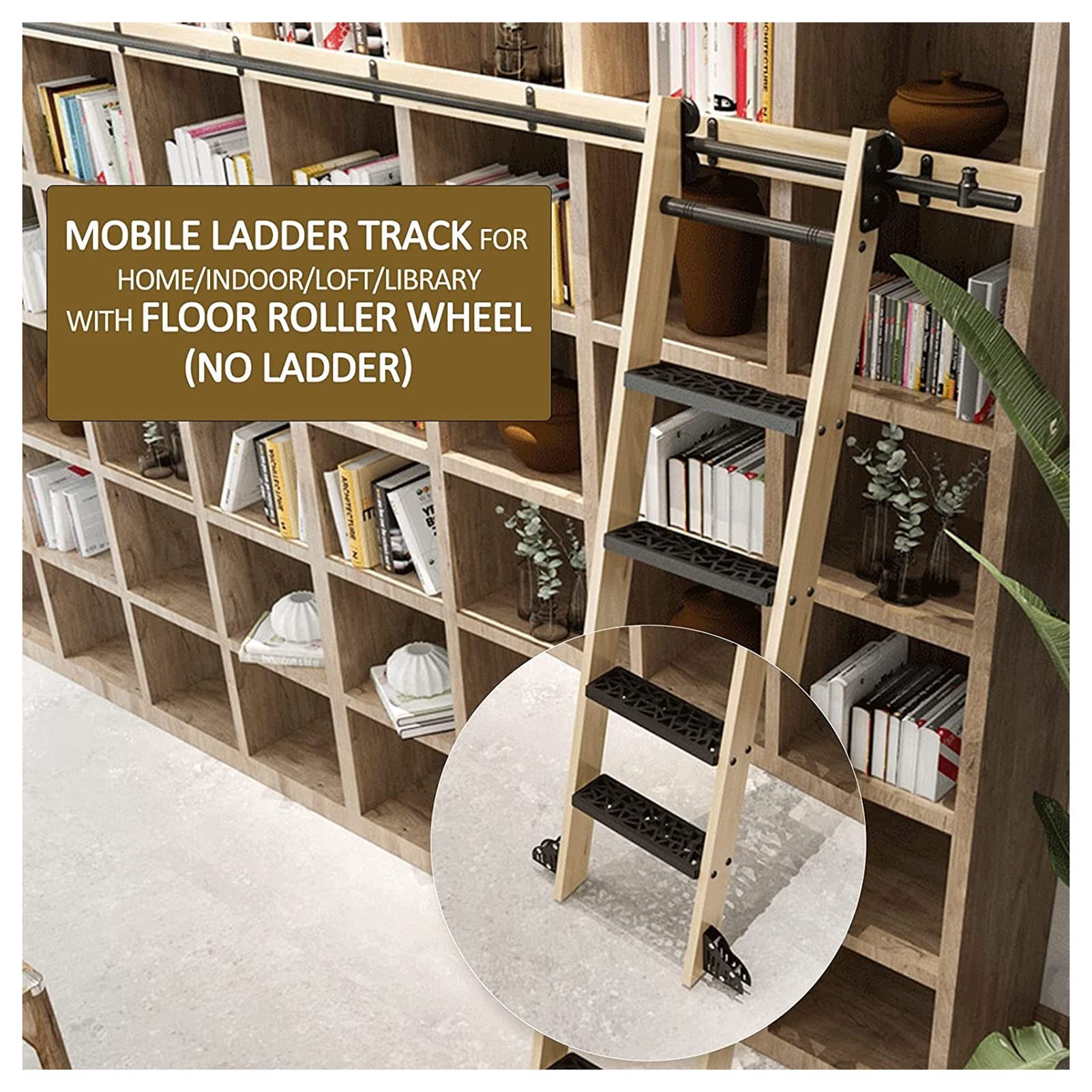 16.4ft Retractable Rolling Ladder Kit with Floor Rollers & Round Tube Tracks - Sliding Barn Door Hardware for Loft, Home Library & Warehouse Storage Solutions