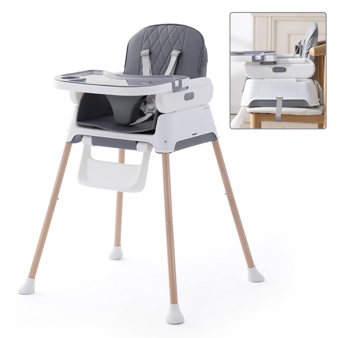 3 in 1 Adjustable Convertible Baby High Chair with Detachable Double Tray & 5-Point Harness - Infant Feeding Booster Seat for Dining, Travel & Home Use - Deep Gray