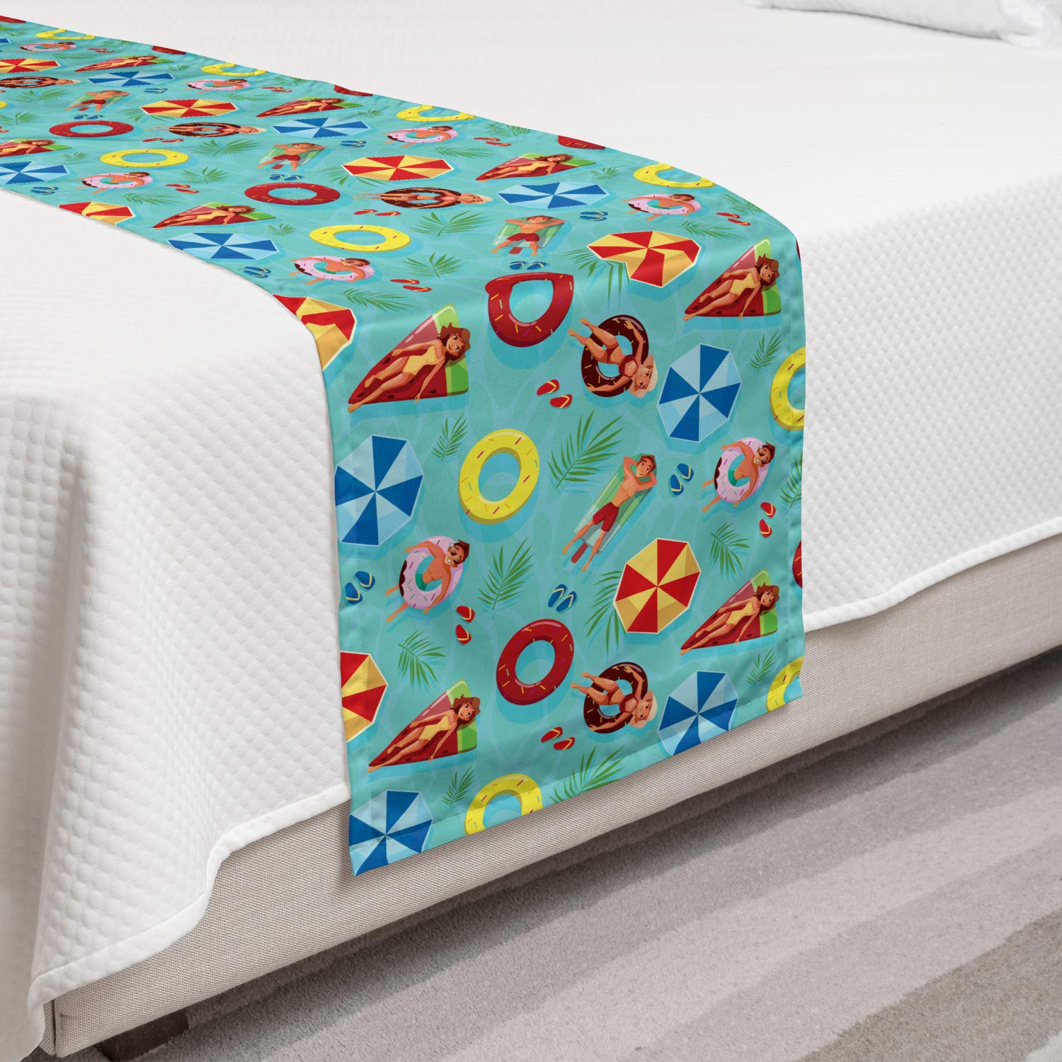 Ambesonne Pool Party Bed Runner - Summer Pool Doodle Print with Funny Swim Float Rubbers, Happy Boys & Girls Design - Decorative Accent Bedding Scarf for Hotels, Homes, Guestrooms & Beach House Decor - Multicolor