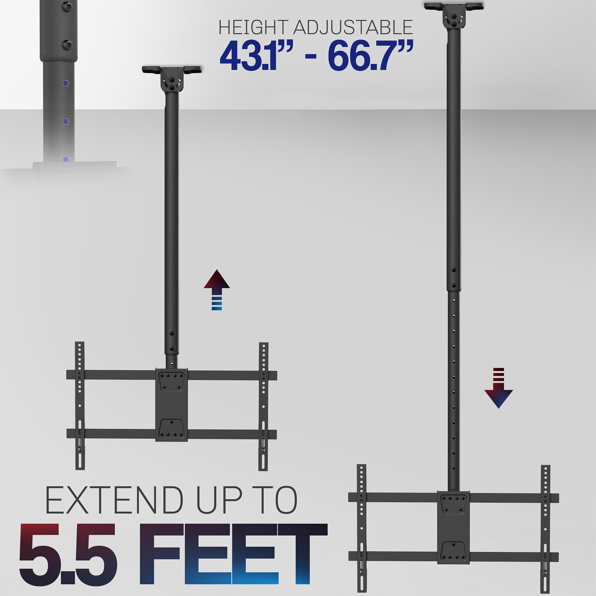 43” to 86” TV Ceiling Mount with Extension Pole - Adjustable Full Motion Articulating Arm for Flat Screen TVs - Perfect for Living Rooms, Bedrooms & Commercial Spaces