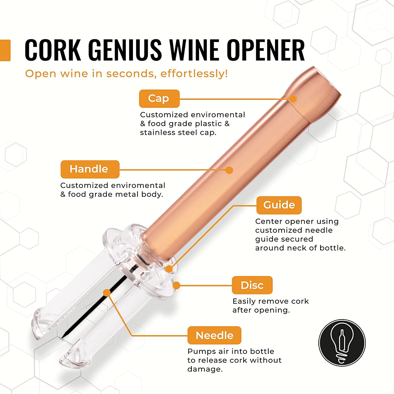 Premium Air Pressure Wine Opener - Manual Air Pump Cork Remover for Wine Bottles | Durable & Portable Wine Bottle Opener | Travel-Friendly Rose Gold Wine Needle | Perfect for Home, Parties, Picnics & Gifts