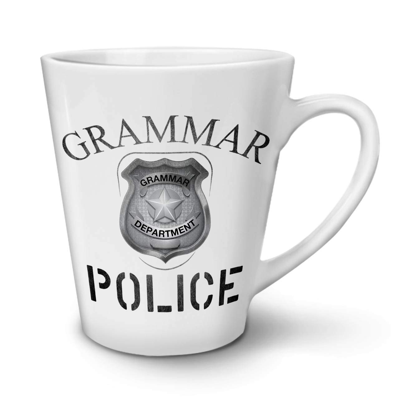 Funny Grammar Police Badge Latte Mug - Ceramic Coffee Cup with Comfortable Handle & Two-Sided Design by Wellcoda | Perfect Gift for Teachers, Writers & Grammar Lovers - Great for Office, Home & Coffee Shops