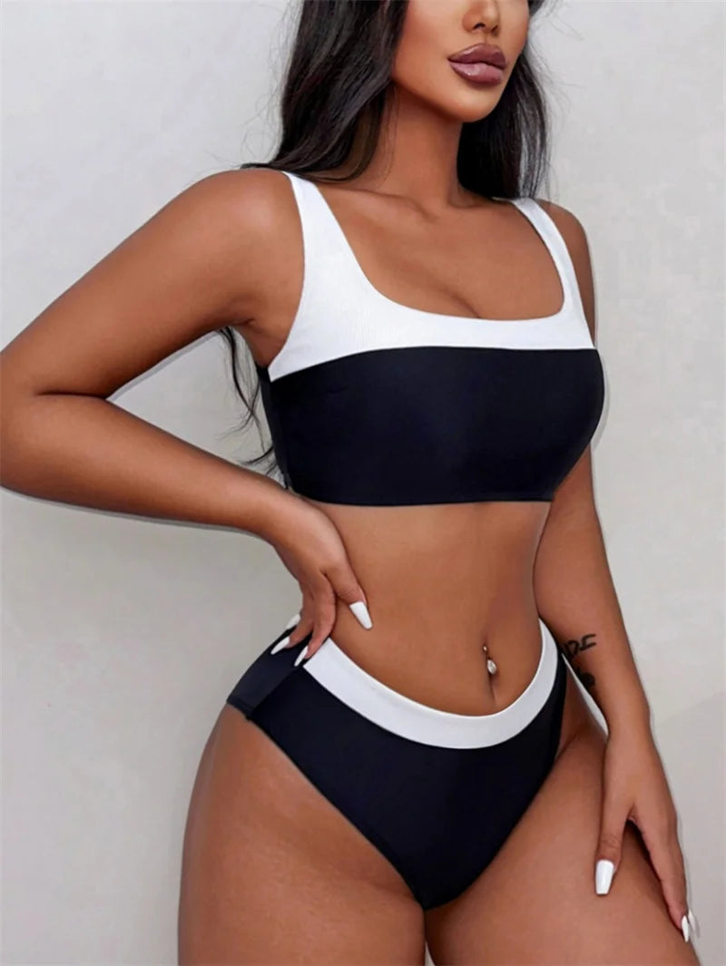 Sexy Black Patchwork Bandeau Bikini Set - Mid Waist Brazilian Swimwear for Women 2024 | Beach Vacation, Pool Party & Summer Swimwear