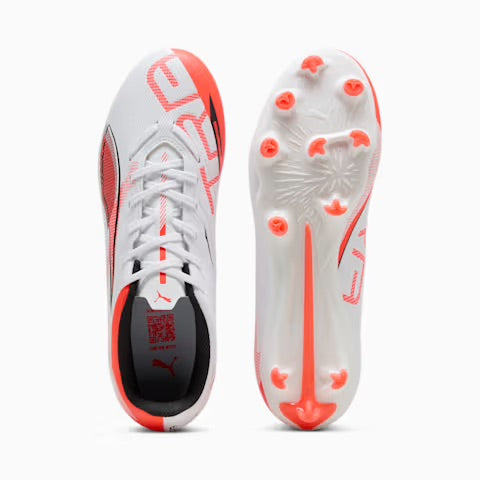 Puma Ultra 5 Play FG/AG Women's Soccer Cleats - White/Black/Glowing Red - Lightweight Football Shoes for Women - Perfect for Artificial Grass & Firm Ground Training & Matches