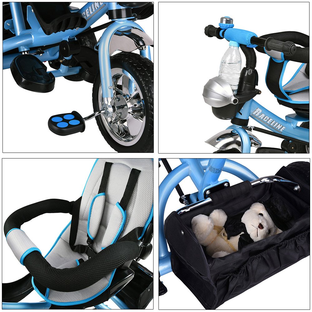 Spielwerk® Blue Kids Tricycle with Safety Belt, Push Rod, Adjustable Footrest, Canopy & Removable Basket - Toddler Trike Bike Stroller for Boys & Girls | Outdoor Play, Park Rides, Backyard Fun