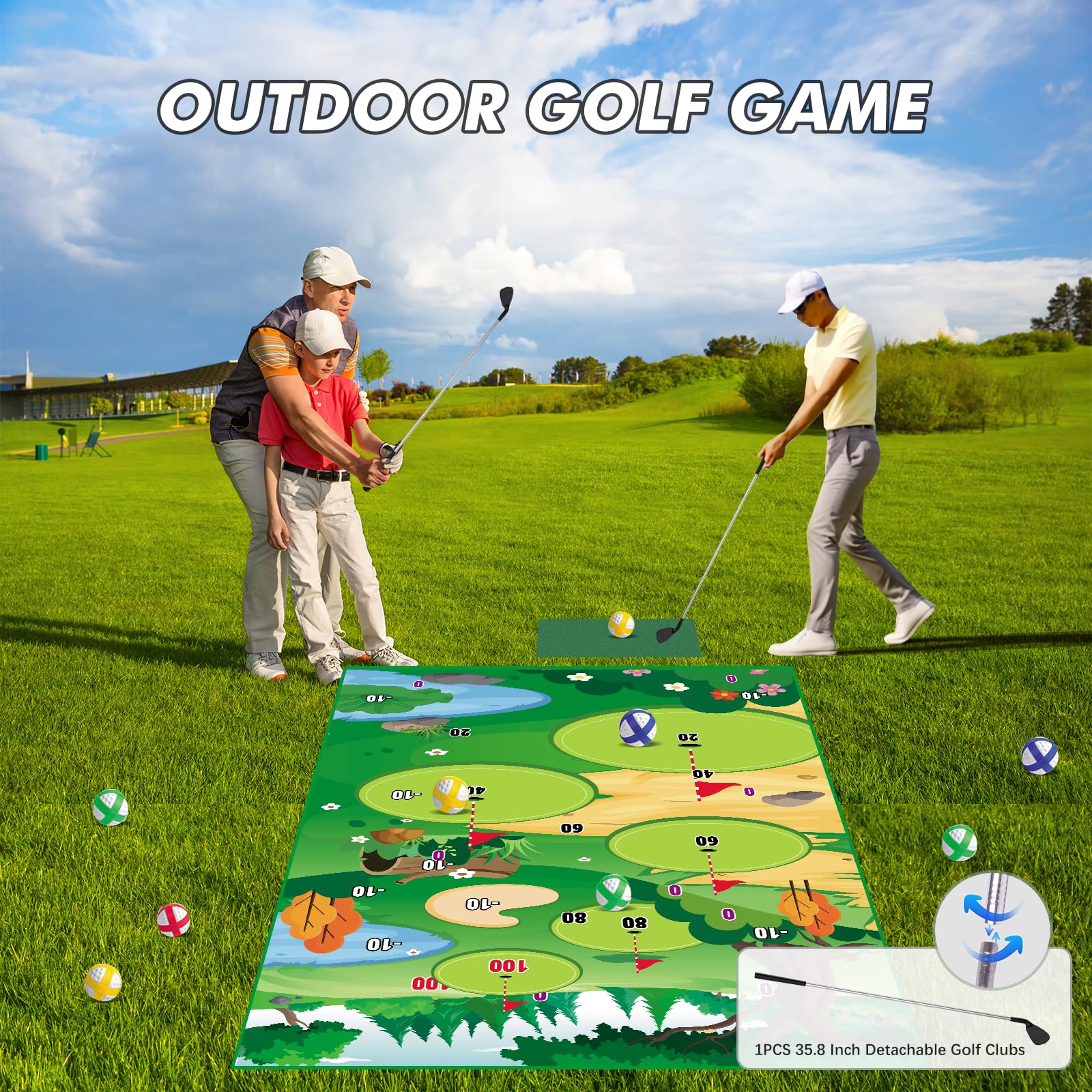 VATOS Golf Chipping Practice Mat with Club & 20 Balls - Indoor/Outdoor Golf Training Mat for Kids & Adults - Perfect for Backyard, Family Fun & Golf Skill Development