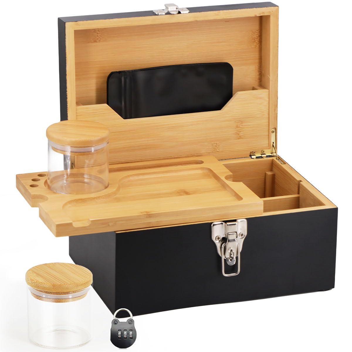 Large Bamboo Storage Box with Combination Lock - Decorative Locking Box with Detachable Compartment, Removable Tray, Jars & Resealable Bags - Perfect for Jewelry, Cash, Documents & Keepsakes - Ideal Holiday Gift for Women & Men