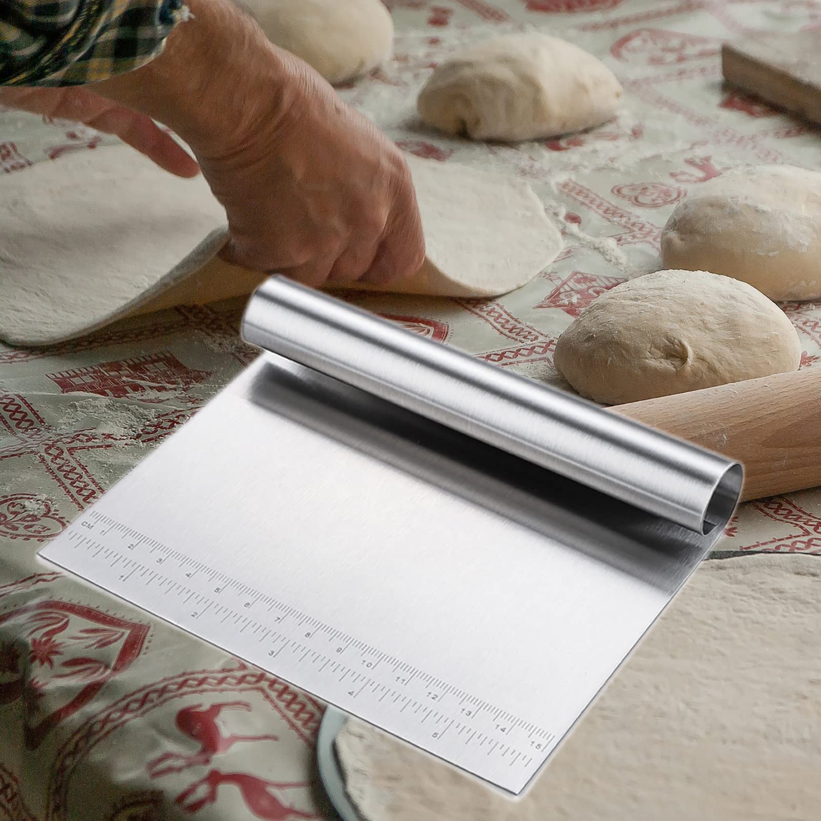 Premium Stainless Steel Dough Scraper - Multi-Purpose Kitchen Tool for Baking, Cake Decorating & Pizza Making - Includes Measuring Scale - Ideal for Pastry Chefs & Home Bakers (Perfect for Cutting Dough, Cleaning Work Surfaces & Portioning Ingredients)