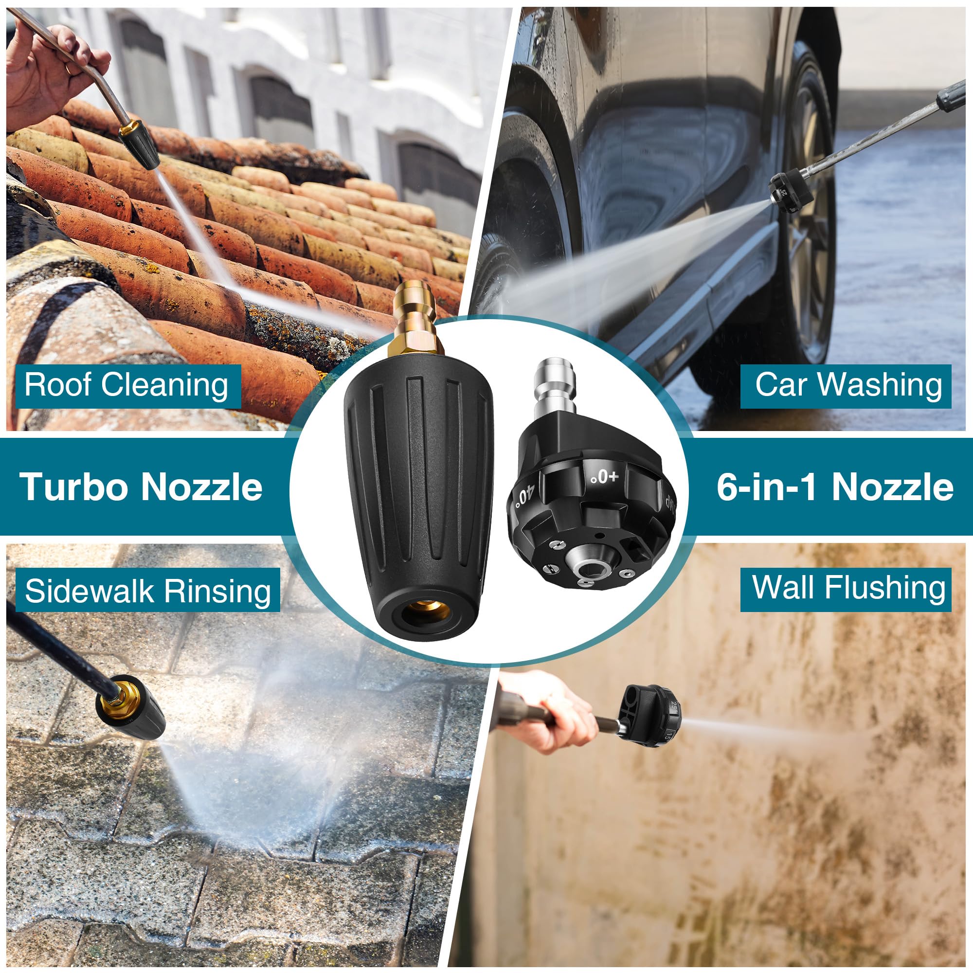 Enhon 6-in-1 Pressure Washer Nozzle Set with Quick Changeover & Turbo Nozzle - 1/4 Inch Quick Connector for Pressure Washer Wand - Perfect for Car Washing, Deck Cleaning, and Driveway Pressure Washing