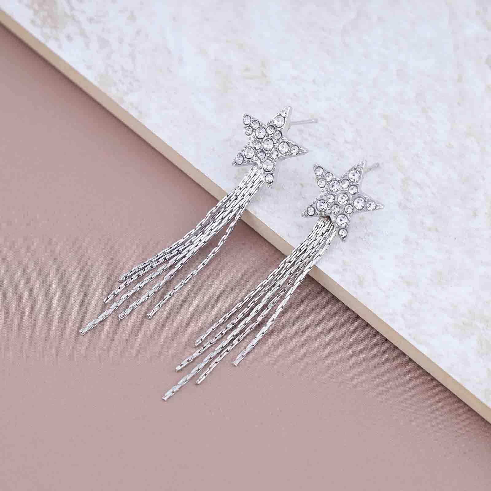 Boho Crystal Star Chandelier Earrings for Women - Gold Tassel Chain Drop Earrings with Rhinestone Accents - Vintage Punk Jewelry for Parties, Weddings & Everyday Wear