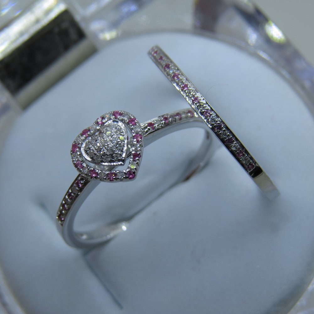 Pink Sapphire & Diamond Heart Engagement Ring Set for Women - Sterling Silver Bridal Jewelry, Wedding & Anniversary Gift Idea