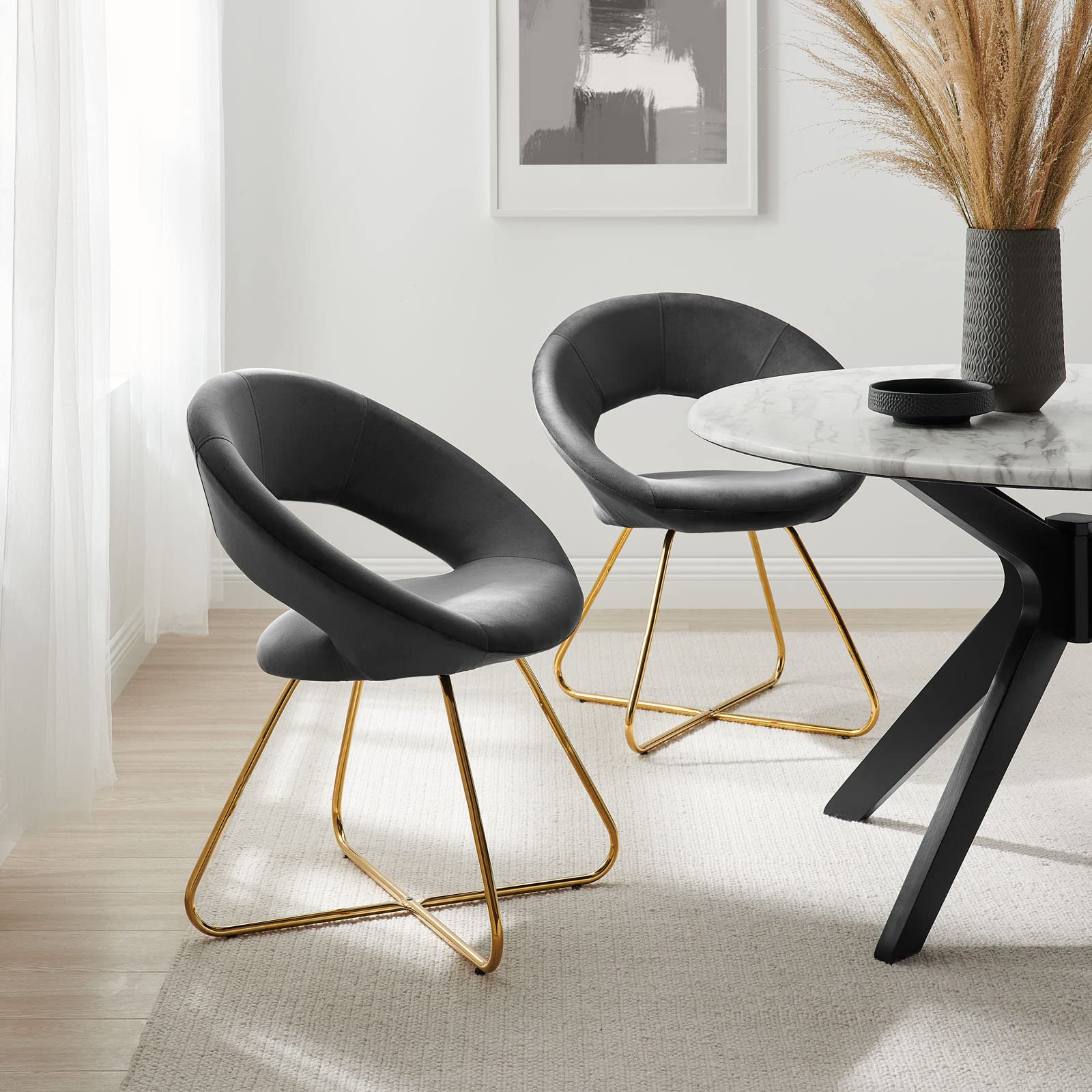 Premium Velvet Dining Chairs Set of 2 - Modern Gold & Charcoal Upholstered Accent Chairs for Elegant Dining Room, Restaurant or Home Decor