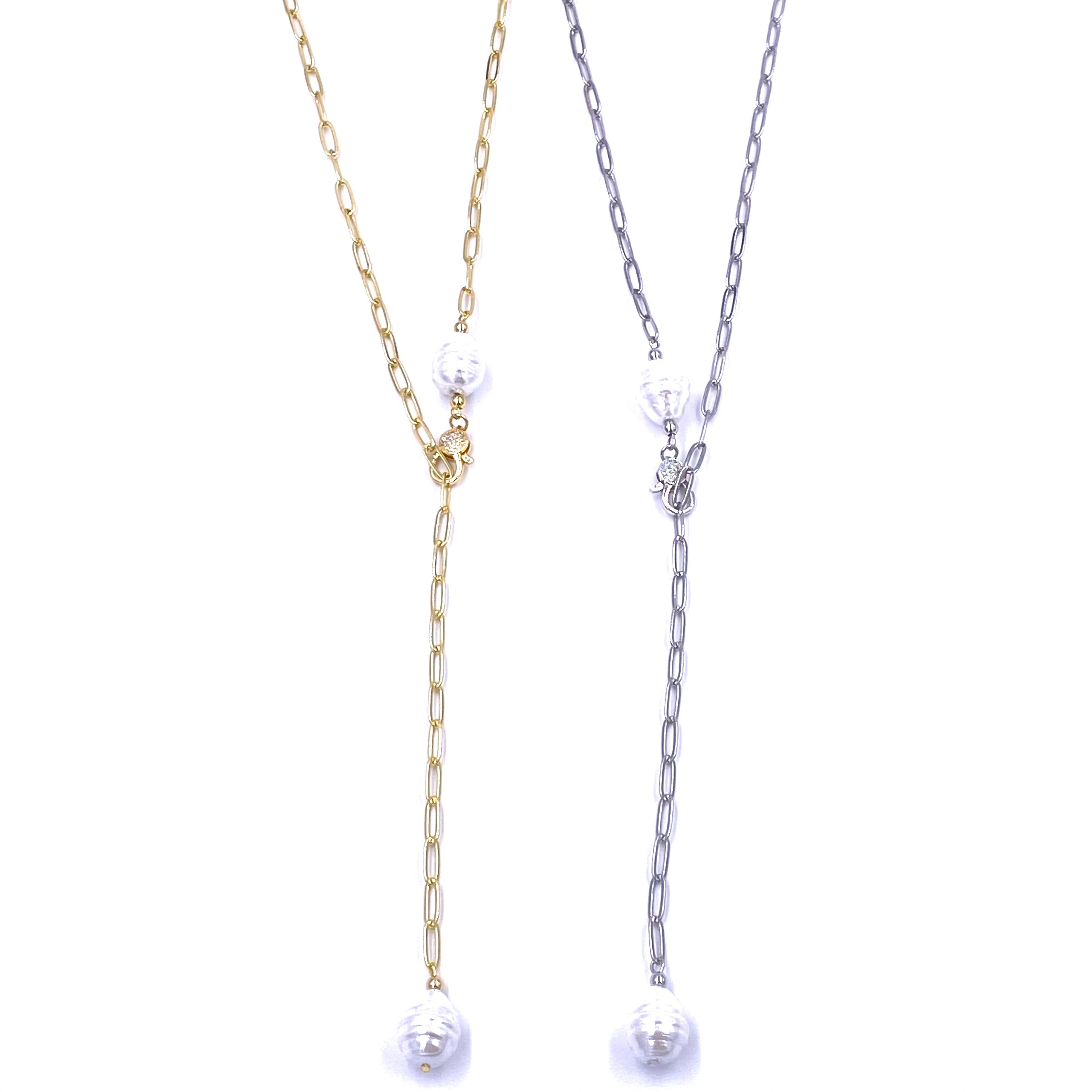 Elegant Ashley Gold Stainless Steel Pearl Link Lariat Necklace for Women | Trendy Layered Jewelry Gift for Her | Perfect for Weddings, Parties & Date Nights